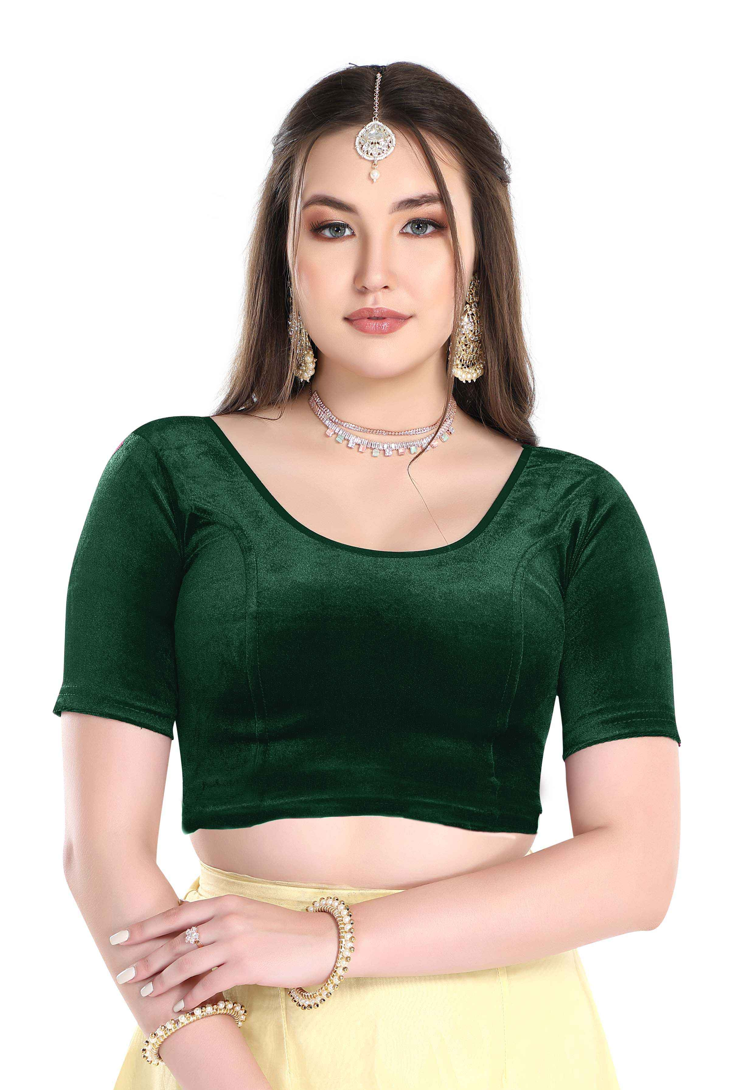 FINESTFIT Stay On Trend: Latest Fashion Readymade Blouses for Women,Round Neckline with Velvet Elbow Sleeves-1036