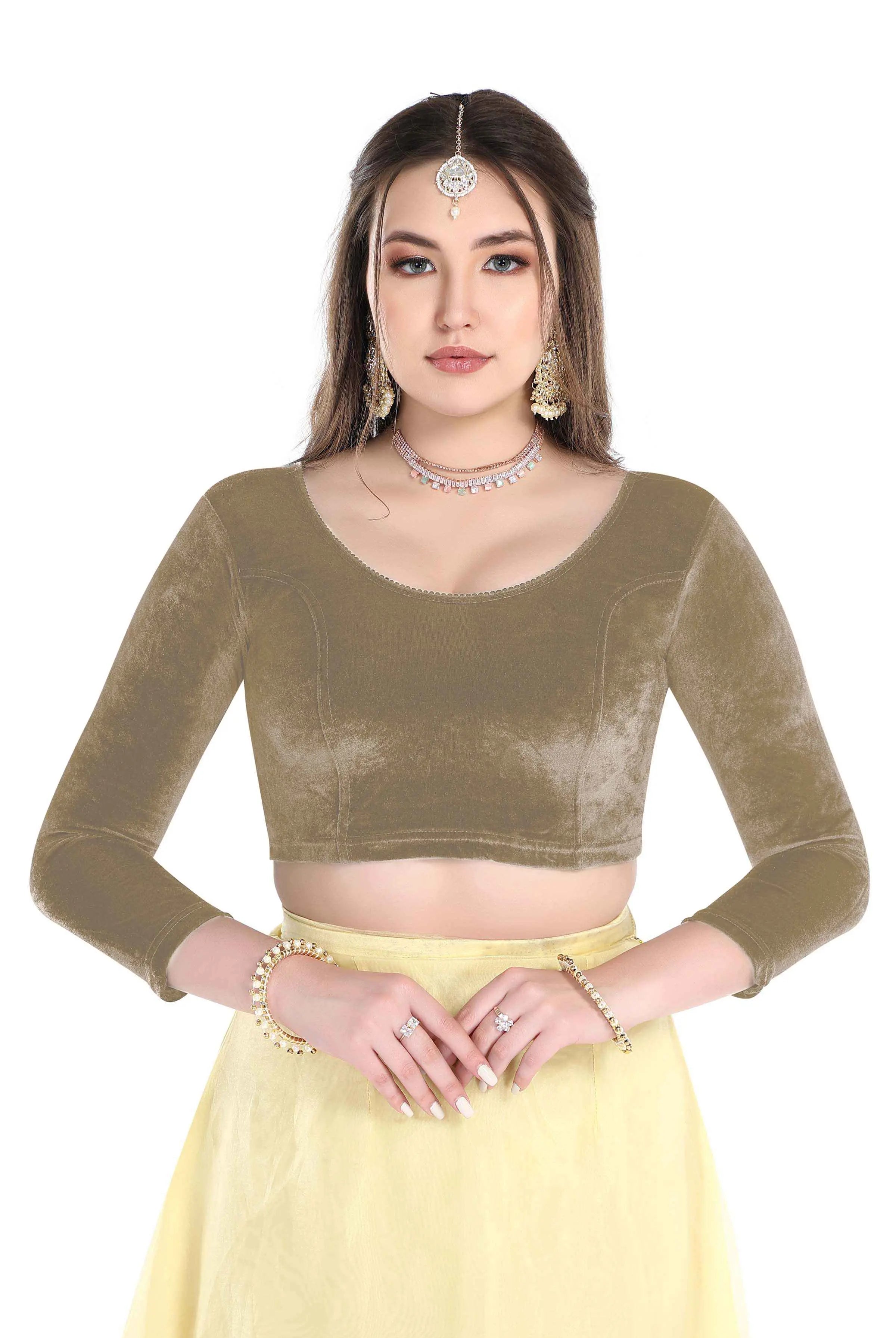 FINESTFIT Stay On Trend: Latest Fashion Readymade Blouses for Women,Round Neckline with Velvet Full Sleeves.1037