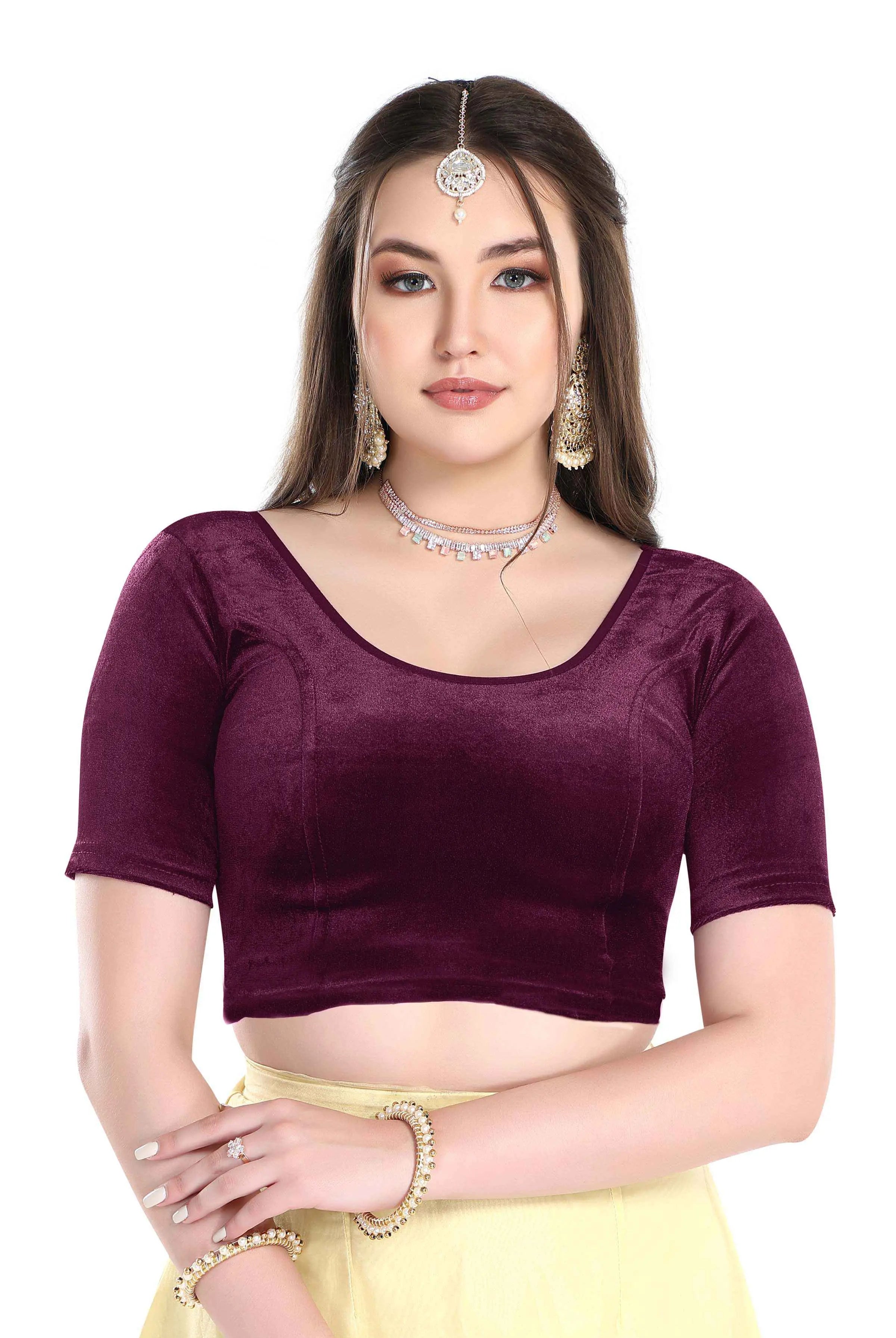 FINESTFIT Stay On Trend: Latest Fashion Readymade Blouses for Women,Round Neckline with Velvet Elbow Sleeves-1036