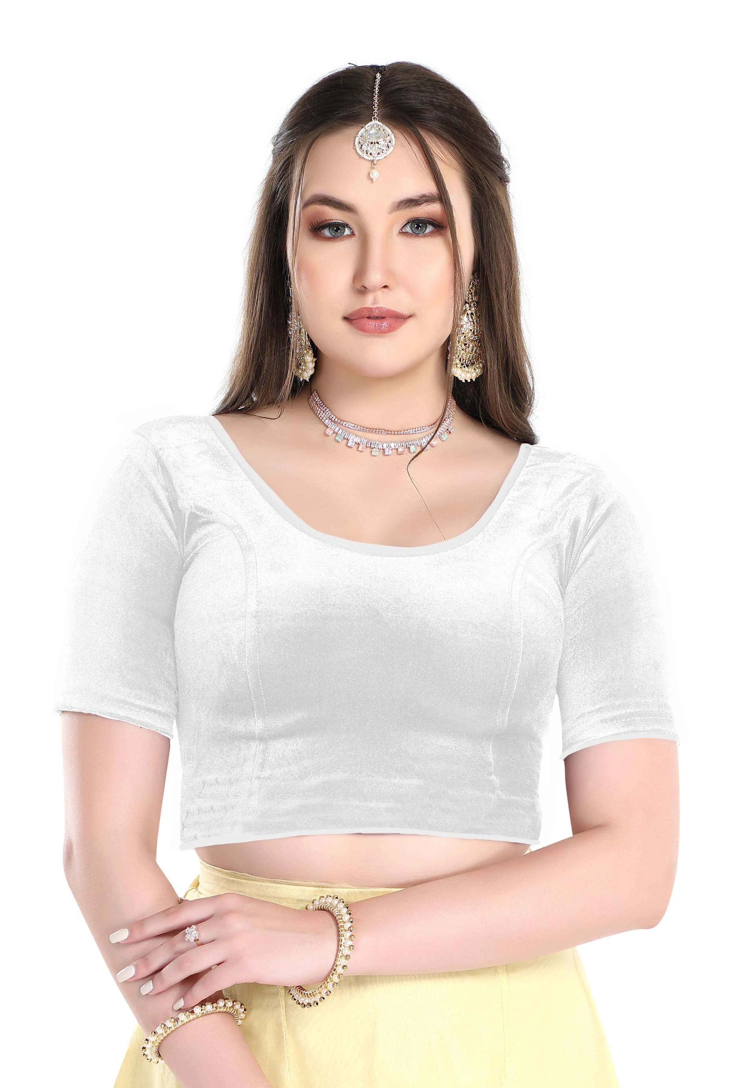FINESTFIT Stay On Trend: Latest Fashion Readymade Blouses for Women,Round Neckline with Velvet Elbow Sleeves-1036