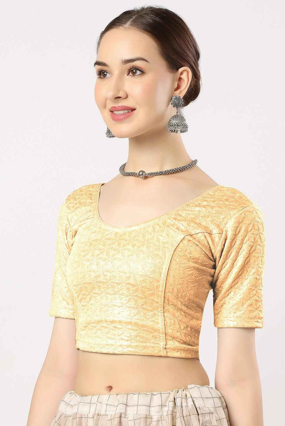 Stay On Trend: Latest Fashion Readymade Blouses for Women,round neckline,elbow sleeves in shimmer textured fabric.28008