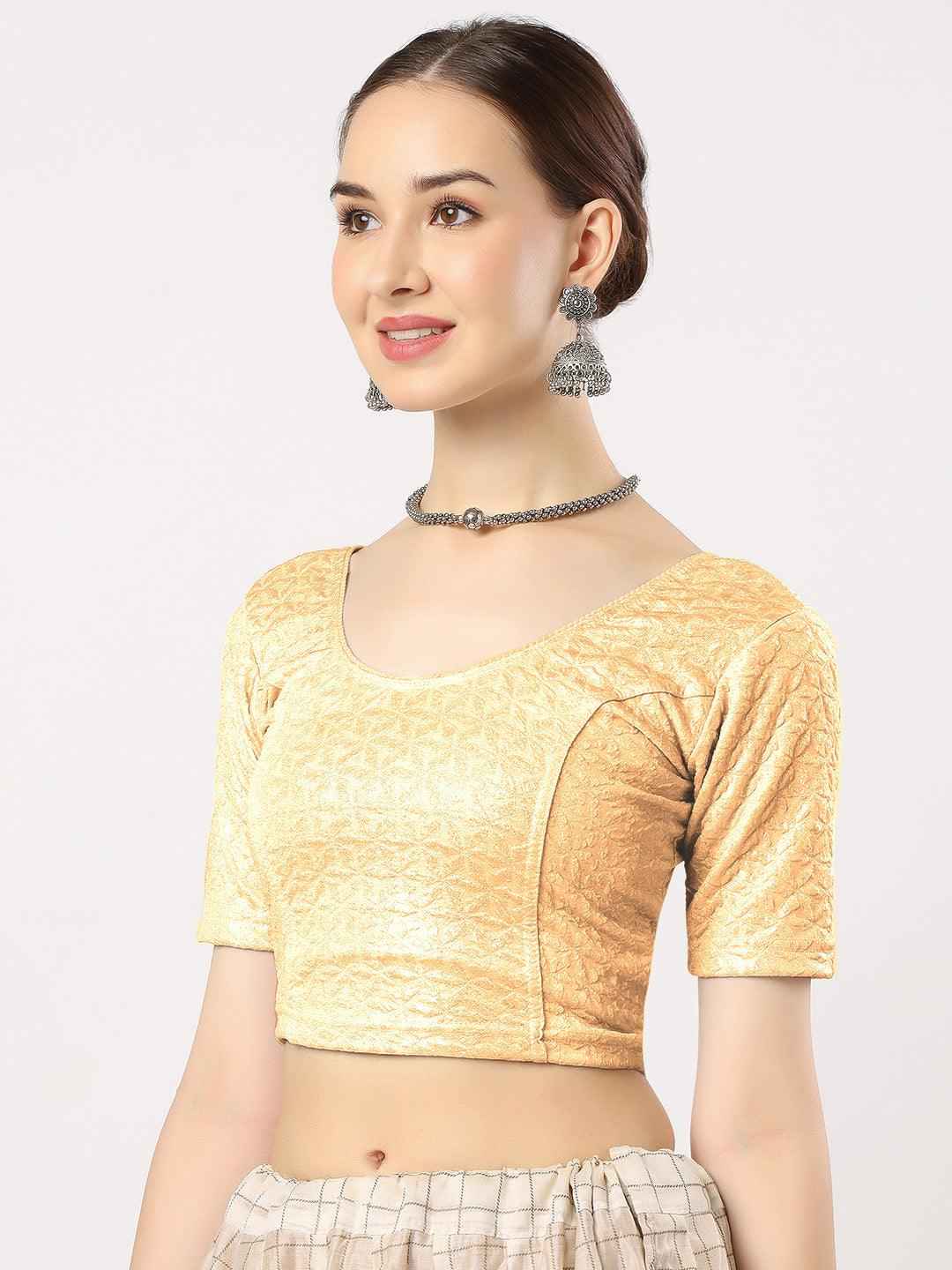 Stay On Trend: Latest Fashion Readymade Blouses for Women,round neckline,elbow sleeves in shimmer textured fabric.28008