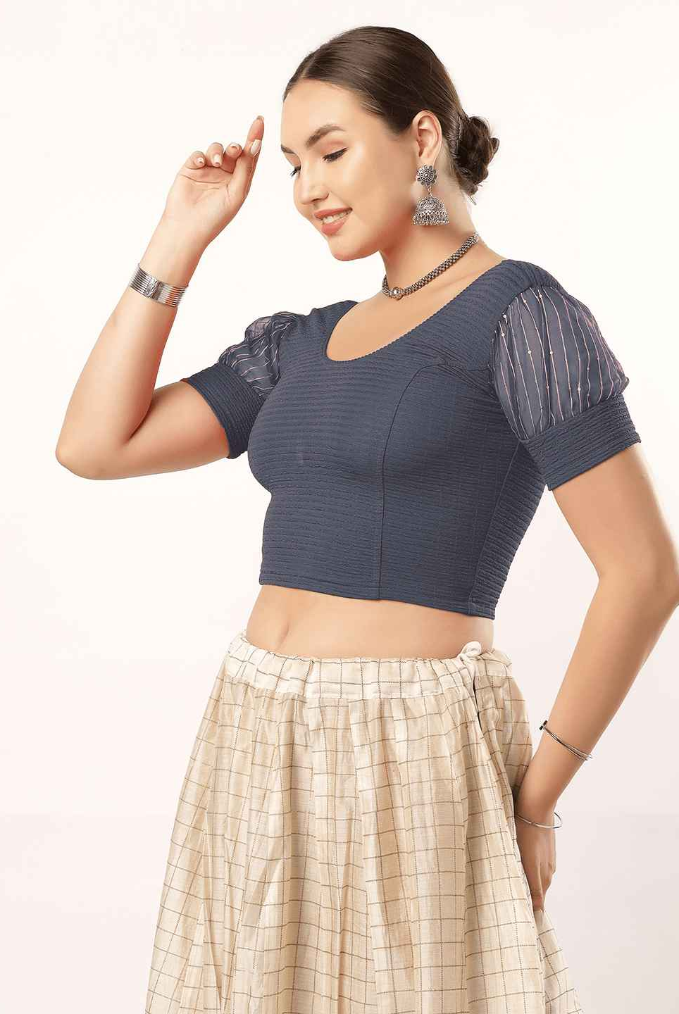 Stay On Trend: Organza Balloon Sleeves Blouse for Women, Round Neckline, Fabric Cuff, 5985