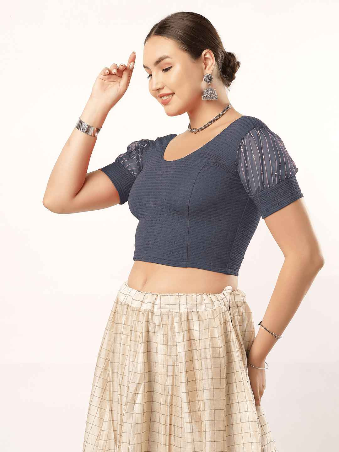 Stay On Trend: Organza Balloon Sleeves Blouse for Women, Round Neckline, Fabric Cuff, 5985