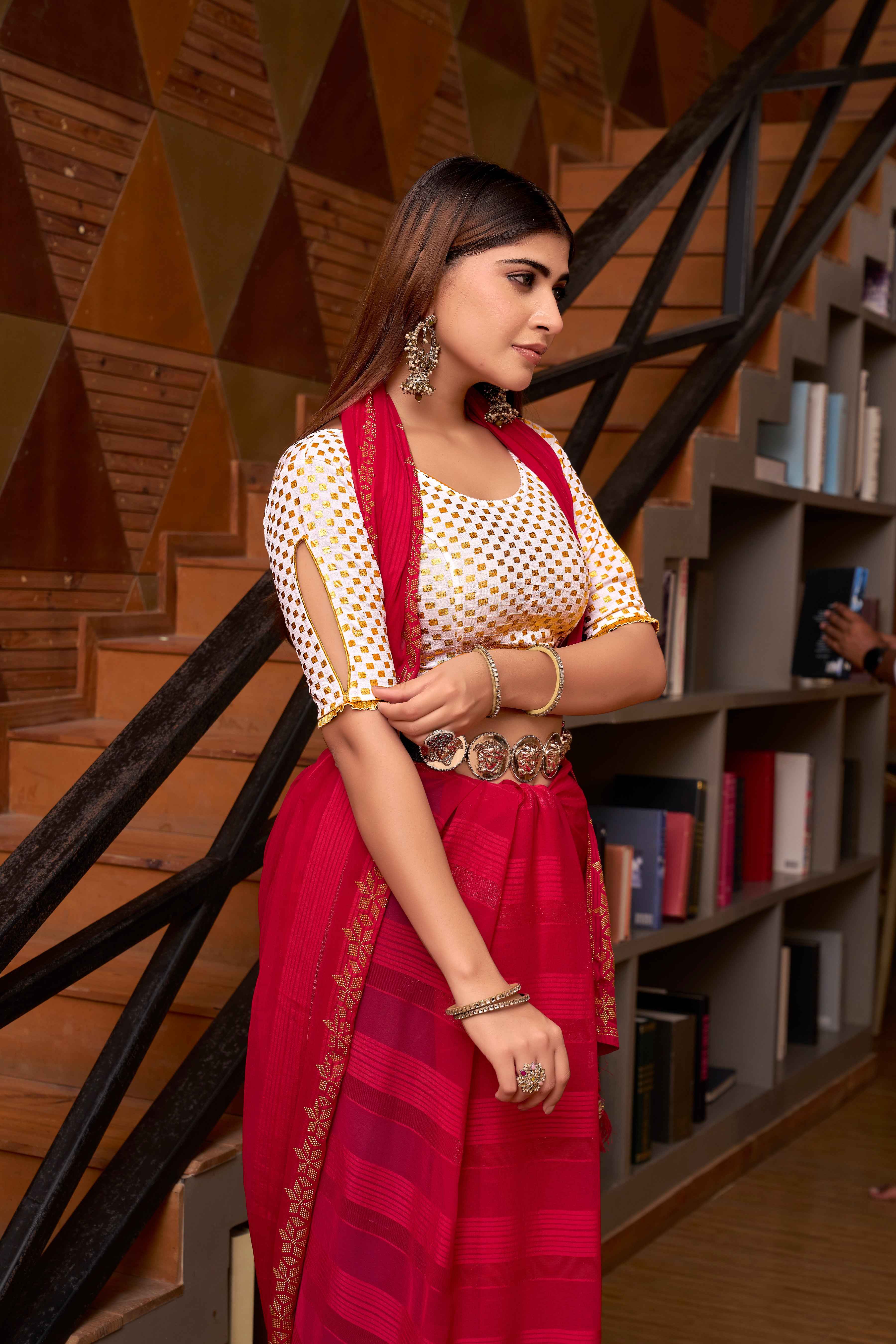 Stay On Trend: Latest Fashion Readymade Blouses for Women,round neckline ,keyhole cut-out sleeves and adorned with golden frill around .1315