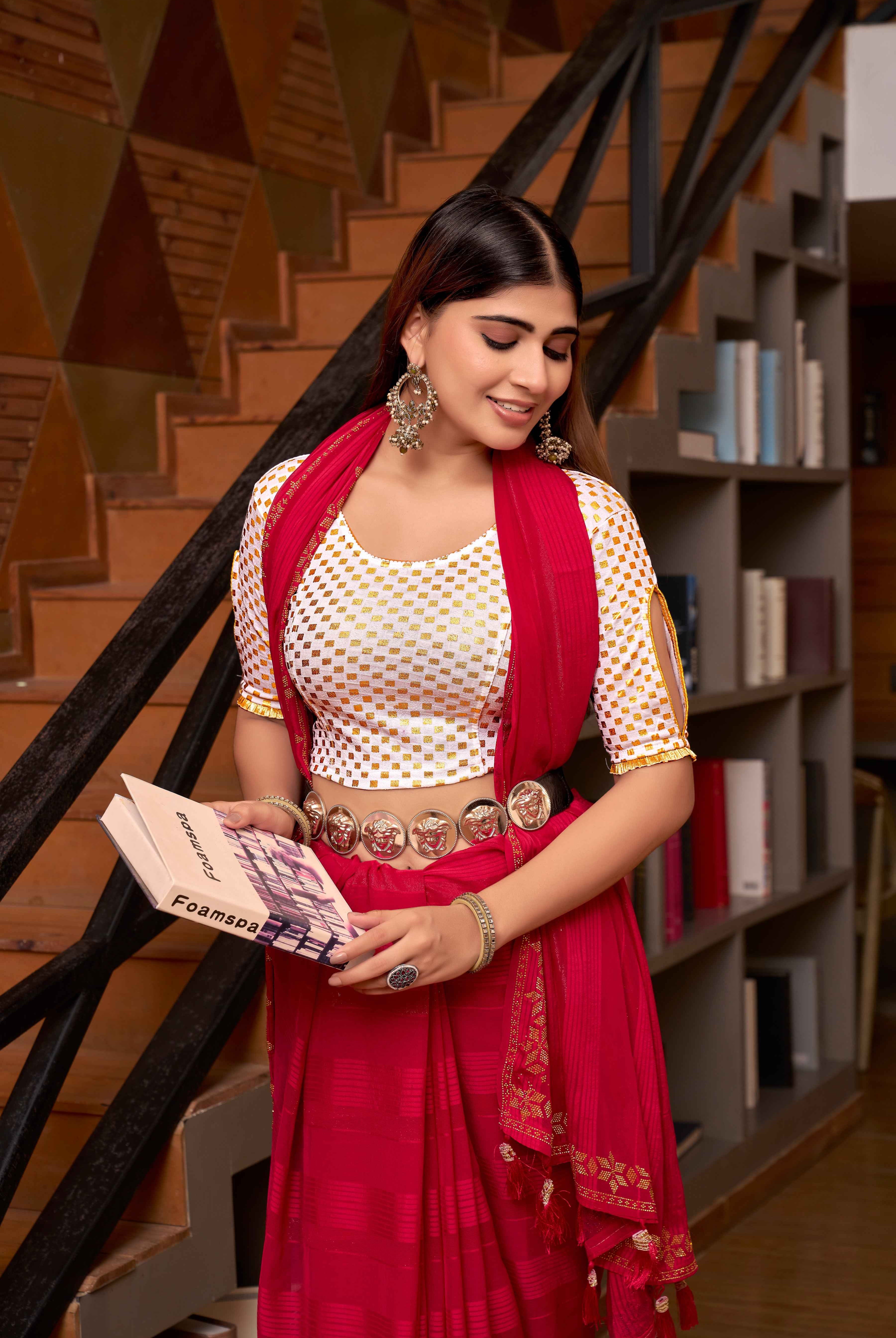 Stay On Trend: Latest Fashion Readymade Blouses for Women,round neckline ,keyhole cut-out sleeves and adorned with golden frill around .1315