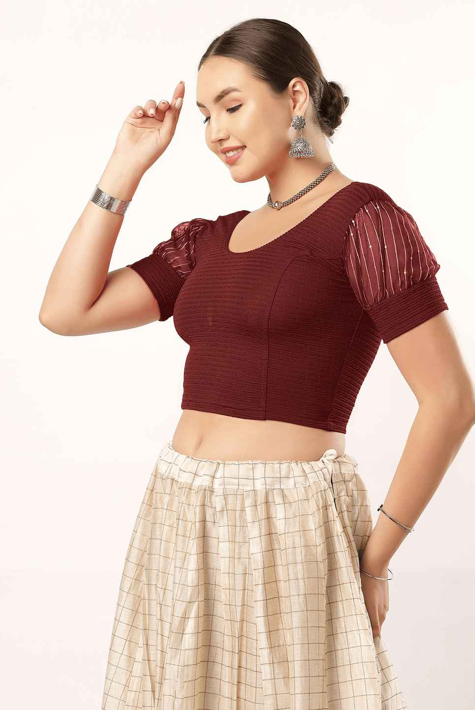 Stay On Trend: Organza Balloon Sleeves Blouse for Women, Round Neckline, Fabric Cuff, 5985