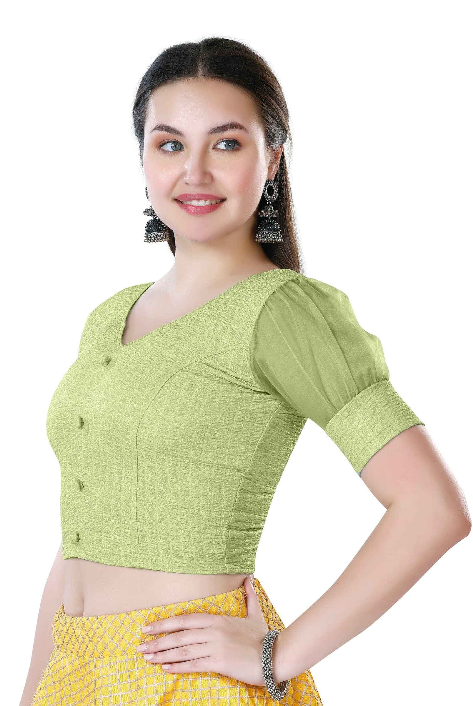 Stay On Trend: Latest Fashion Readymade Blouses for Women,V neckline ,organza balloon sleeves with fabric cuff and hand-made fabric buttons on center for an oomph effect.40050