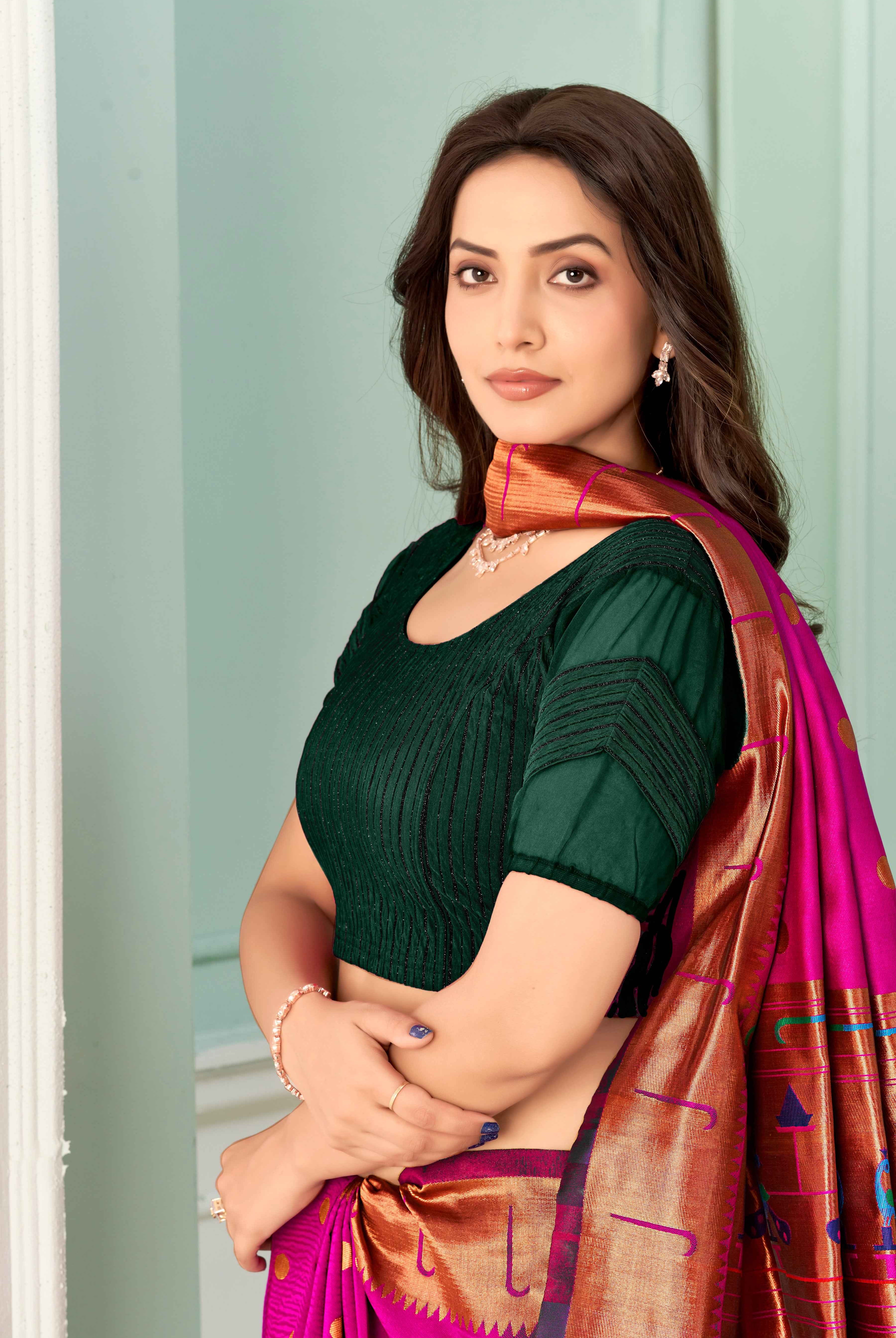 Stay On Trend: Latest Fashion Readymade Blouses for Women,round neckline,zig zag style organza & fabric elasticated sleeves.30002