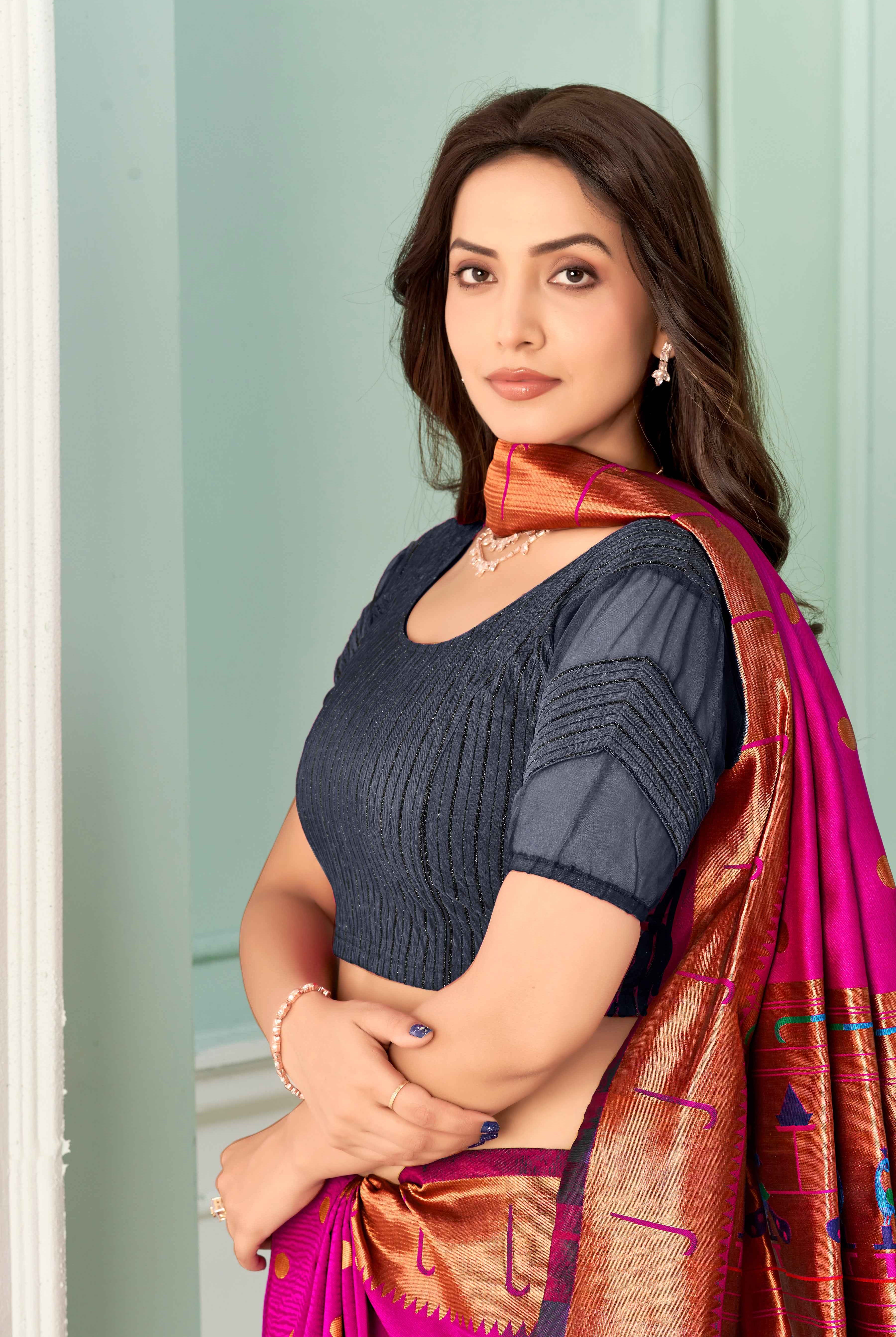 Stay On Trend: Latest Fashion Readymade Blouses for Women,round neckline,zig zag style organza & fabric elasticated sleeves.30002