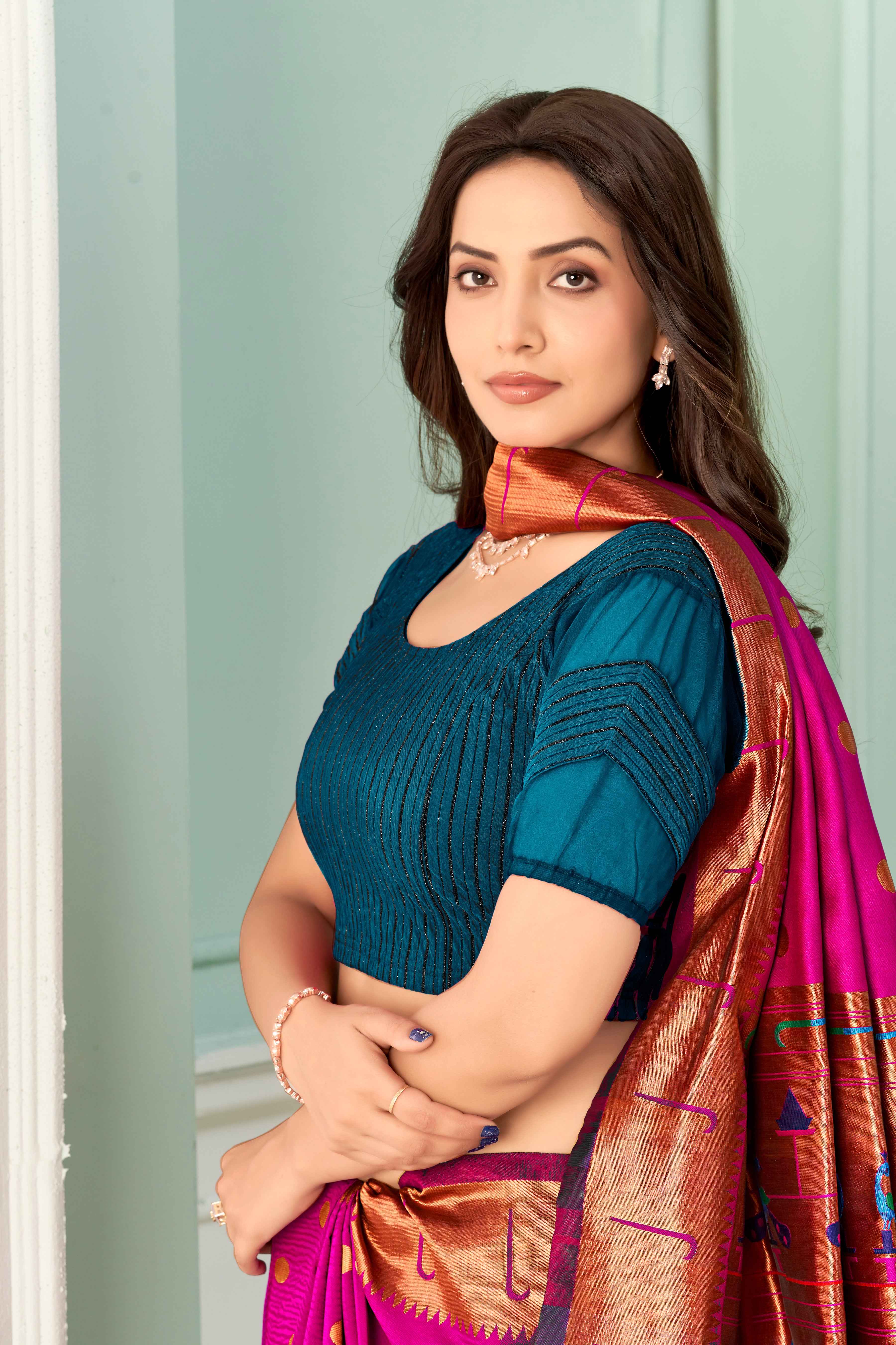 Stay On Trend: Latest Fashion Readymade Blouses for Women,round neckline,zig zag style organza & fabric elasticated sleeves.30002