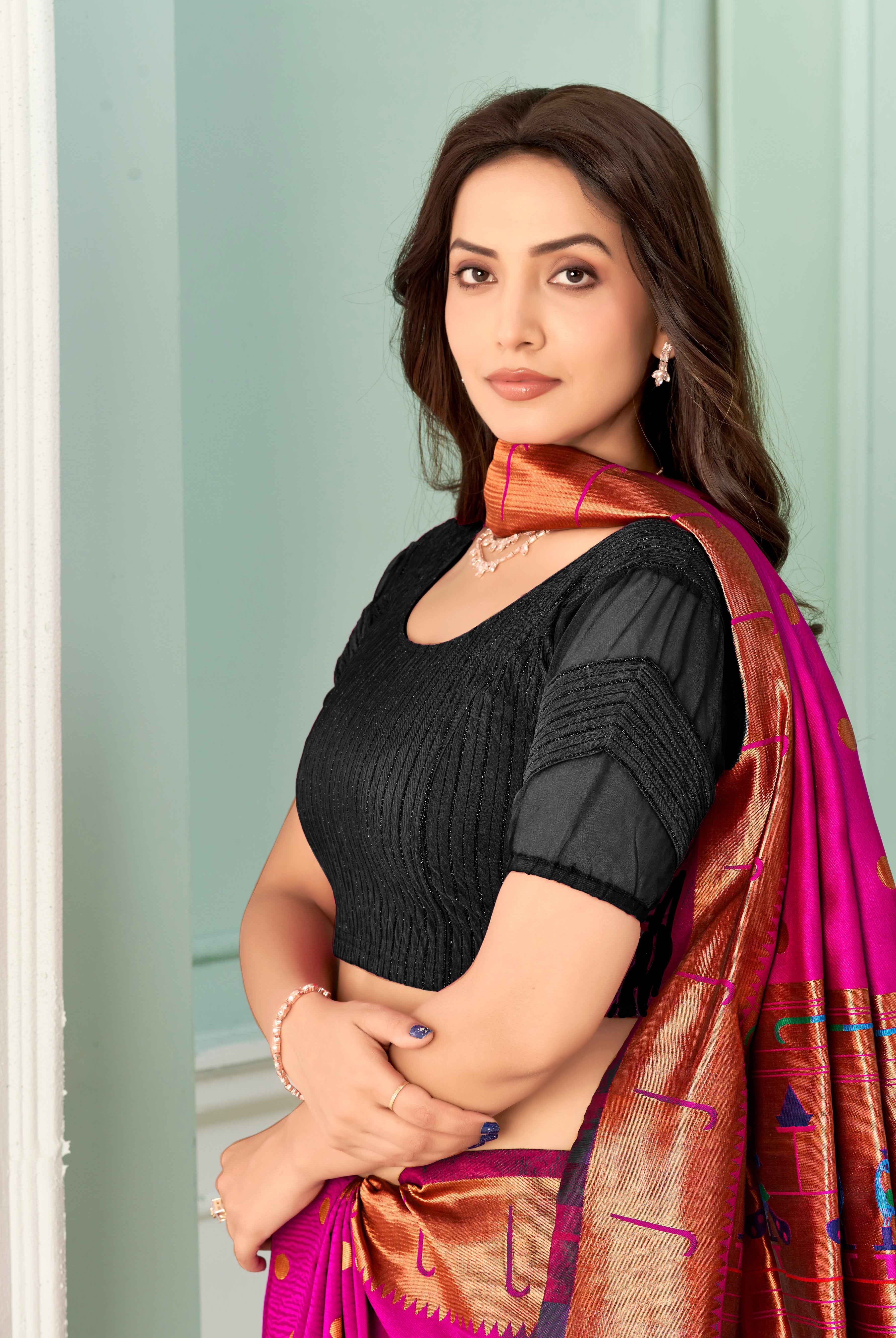 Stay On Trend: Latest Fashion Readymade Blouses for Women,round neckline,zig zag style organza & fabric elasticated sleeves.30002