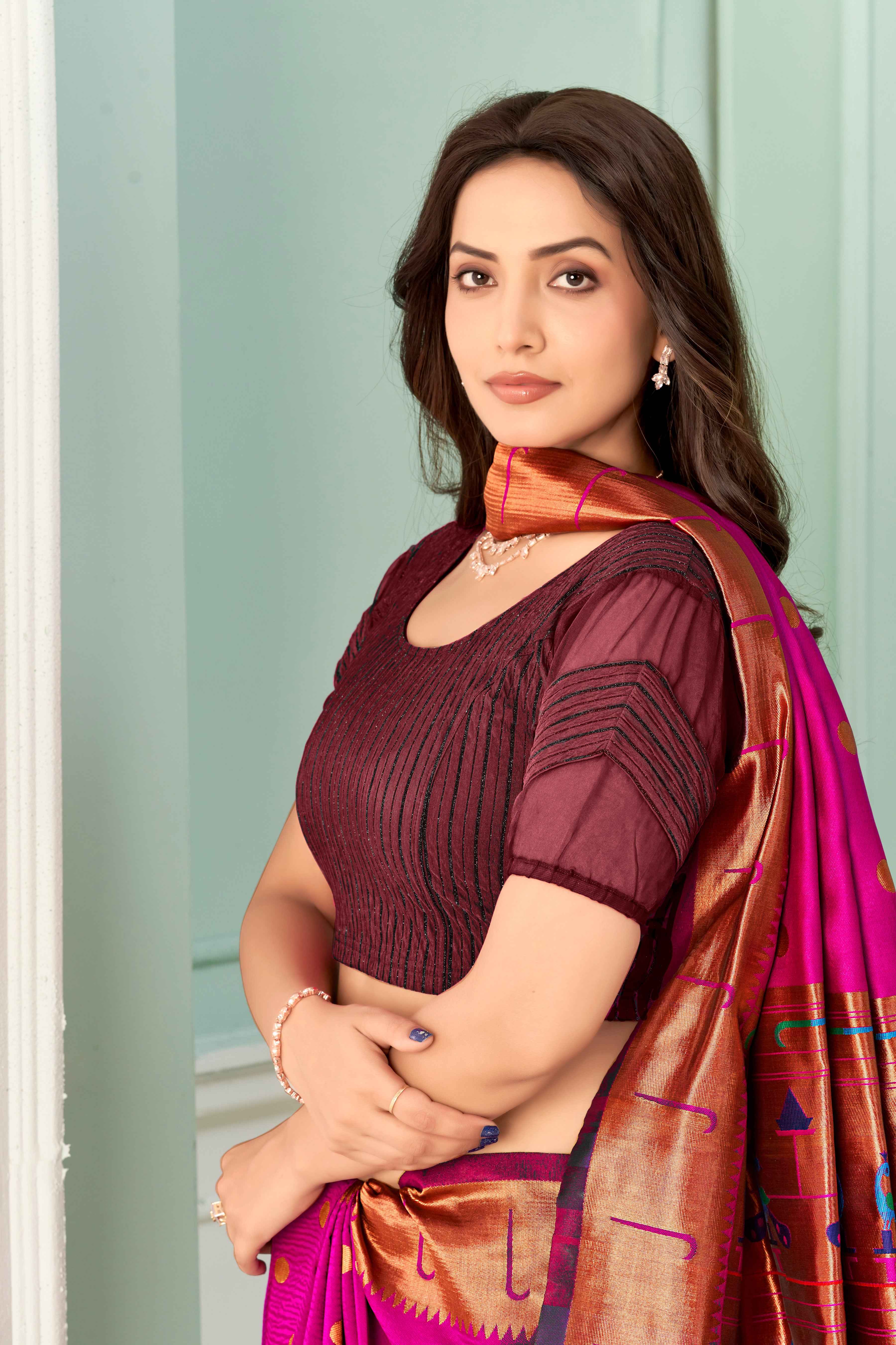 Stay On Trend: Latest Fashion Readymade Blouses for Women,round neckline,zig zag style organza & fabric elasticated sleeves.30002