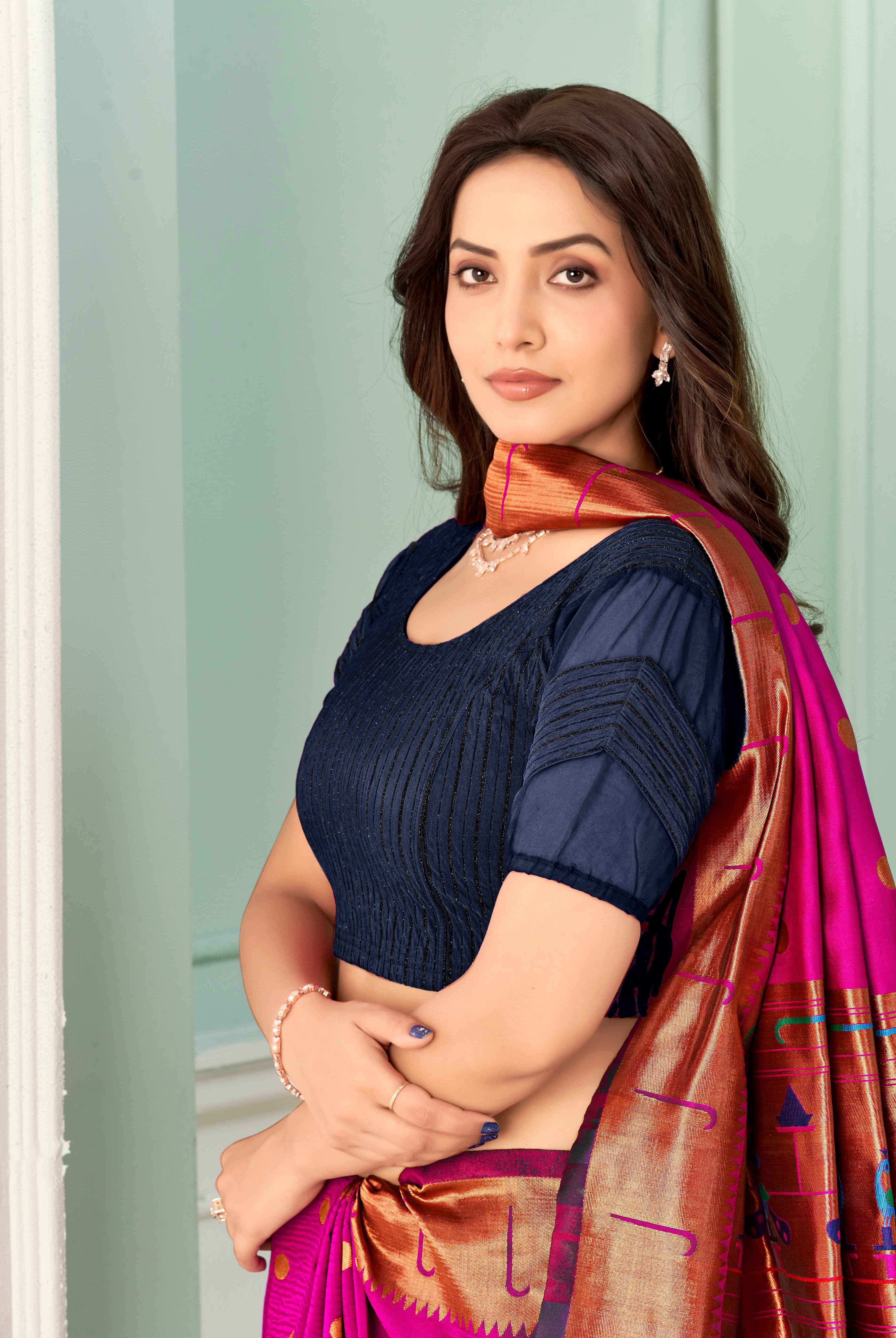 Stay On Trend: Latest Fashion Readymade Blouses for Women,round neckline,zig zag style organza & fabric elasticated sleeves.30002