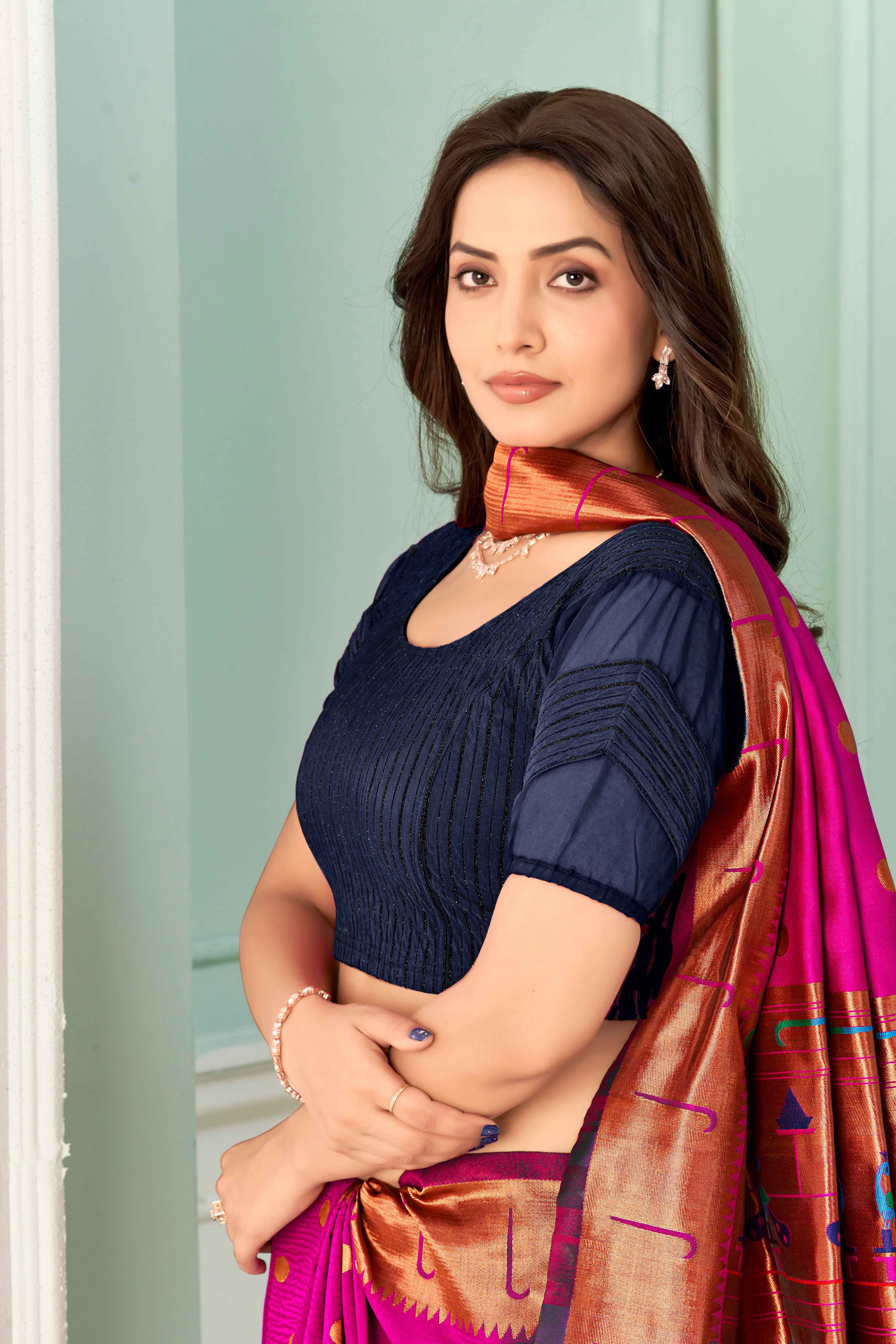 Stay On Trend: Latest Fashion Readymade Blouses for Women,round neckline,zig zag style organza & fabric elasticated sleeves.30002