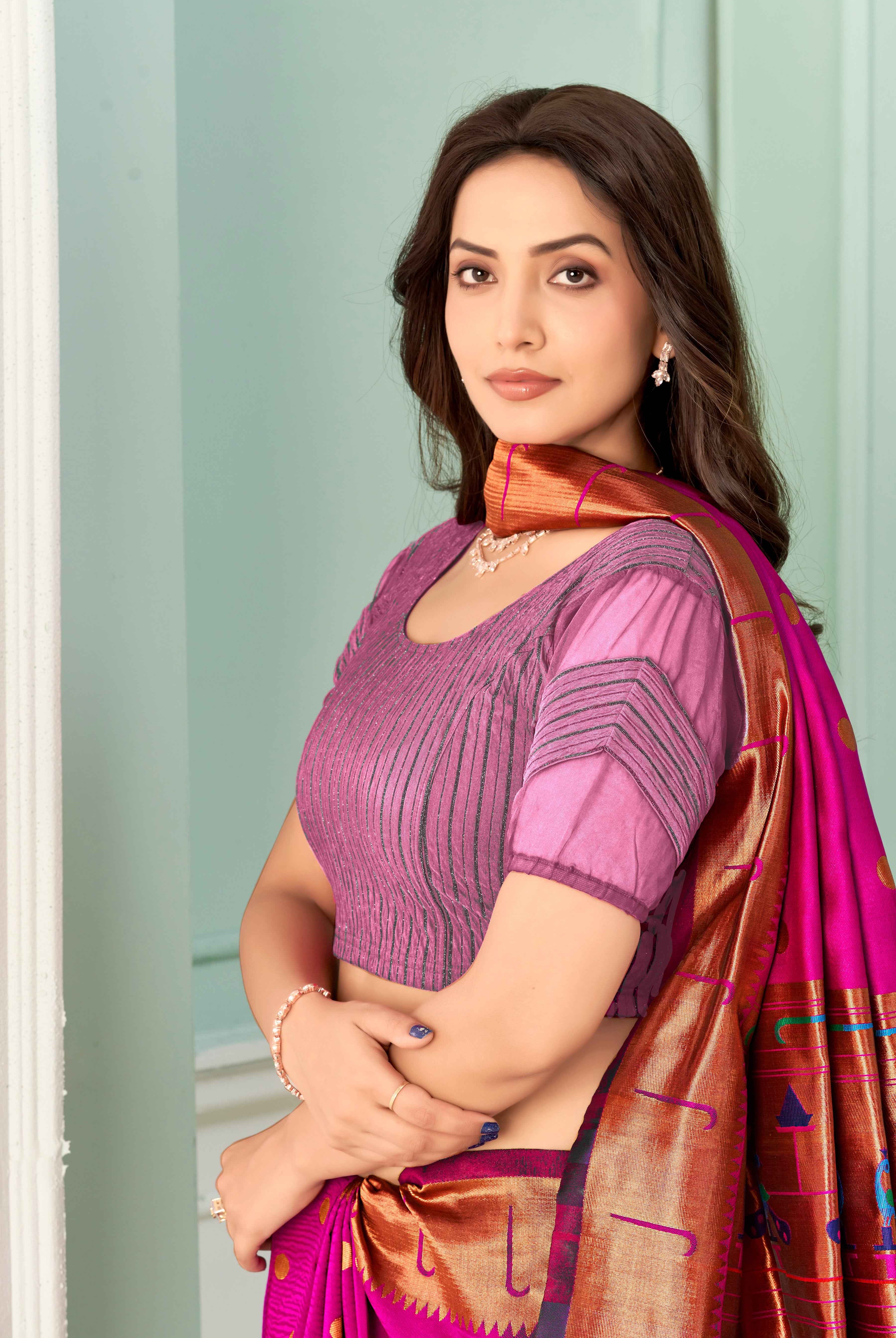 Stay On Trend: Latest Fashion Readymade Blouses for Women,round neckline,zig zag style organza & fabric elasticated sleeves.30002