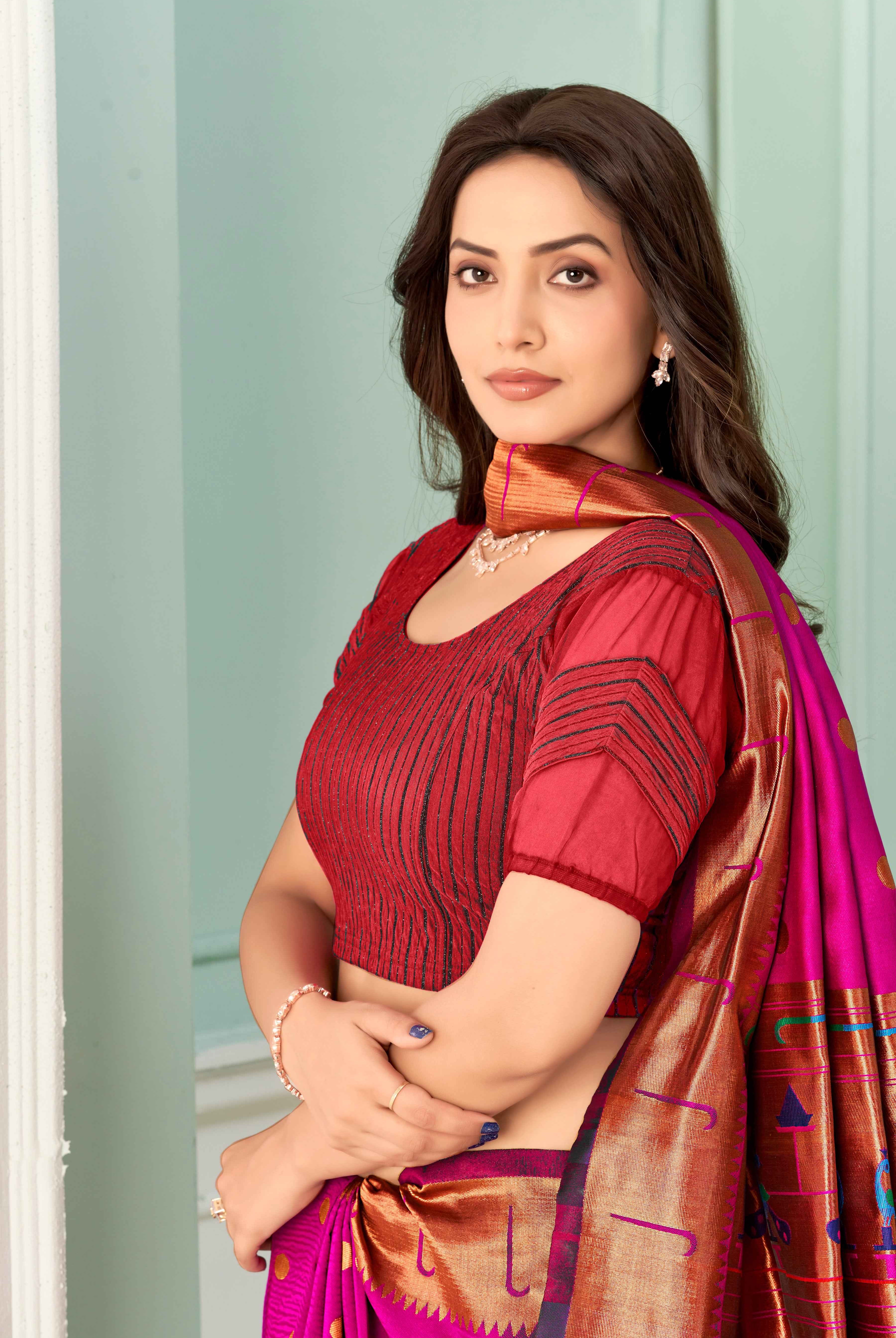 Stay On Trend: Latest Fashion Readymade Blouses for Women,round neckline,zig zag style organza & fabric elasticated sleeves.30002