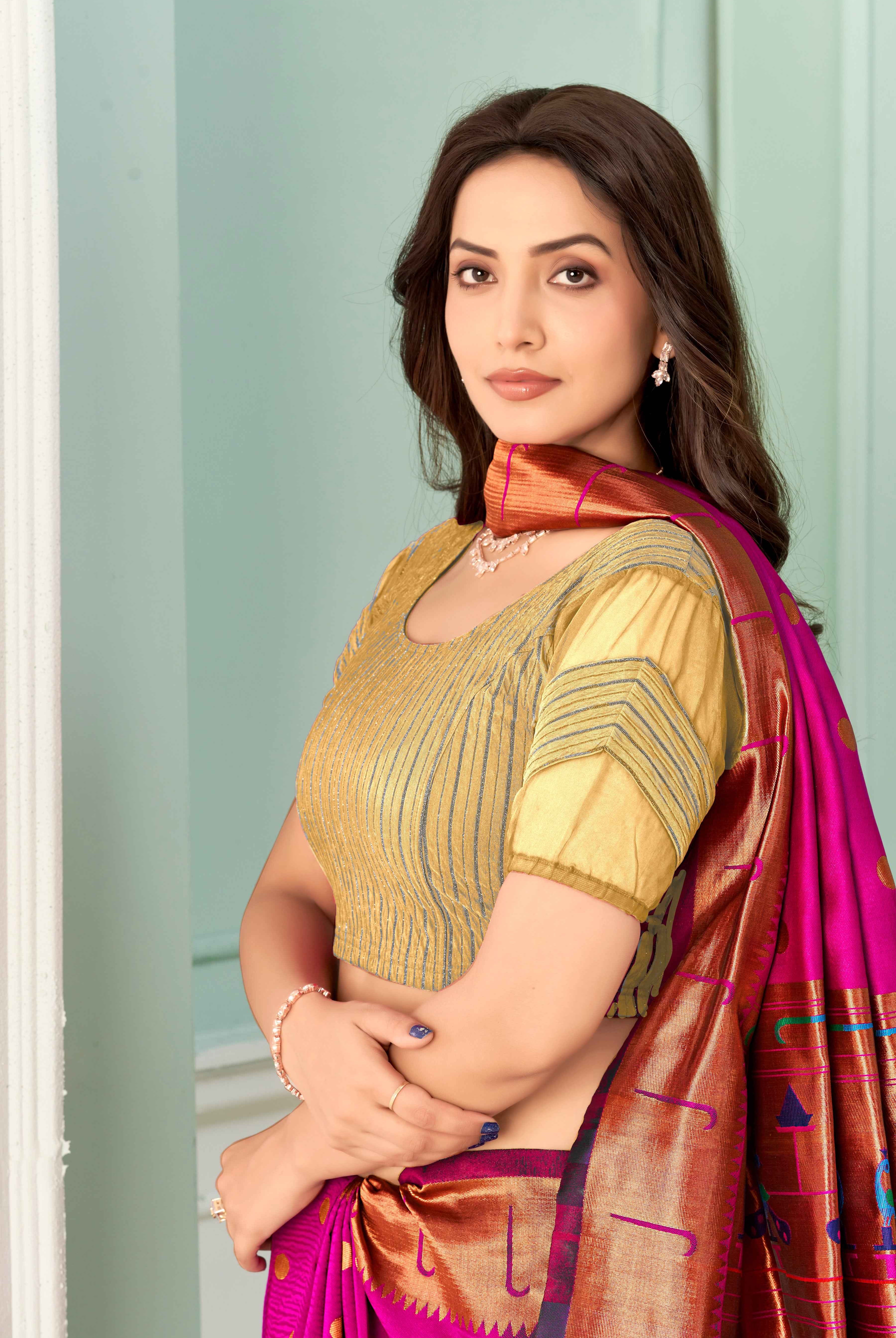 Stay On Trend: Latest Fashion Readymade Blouses for Women,round neckline,zig zag style organza & fabric elasticated sleeves.30002