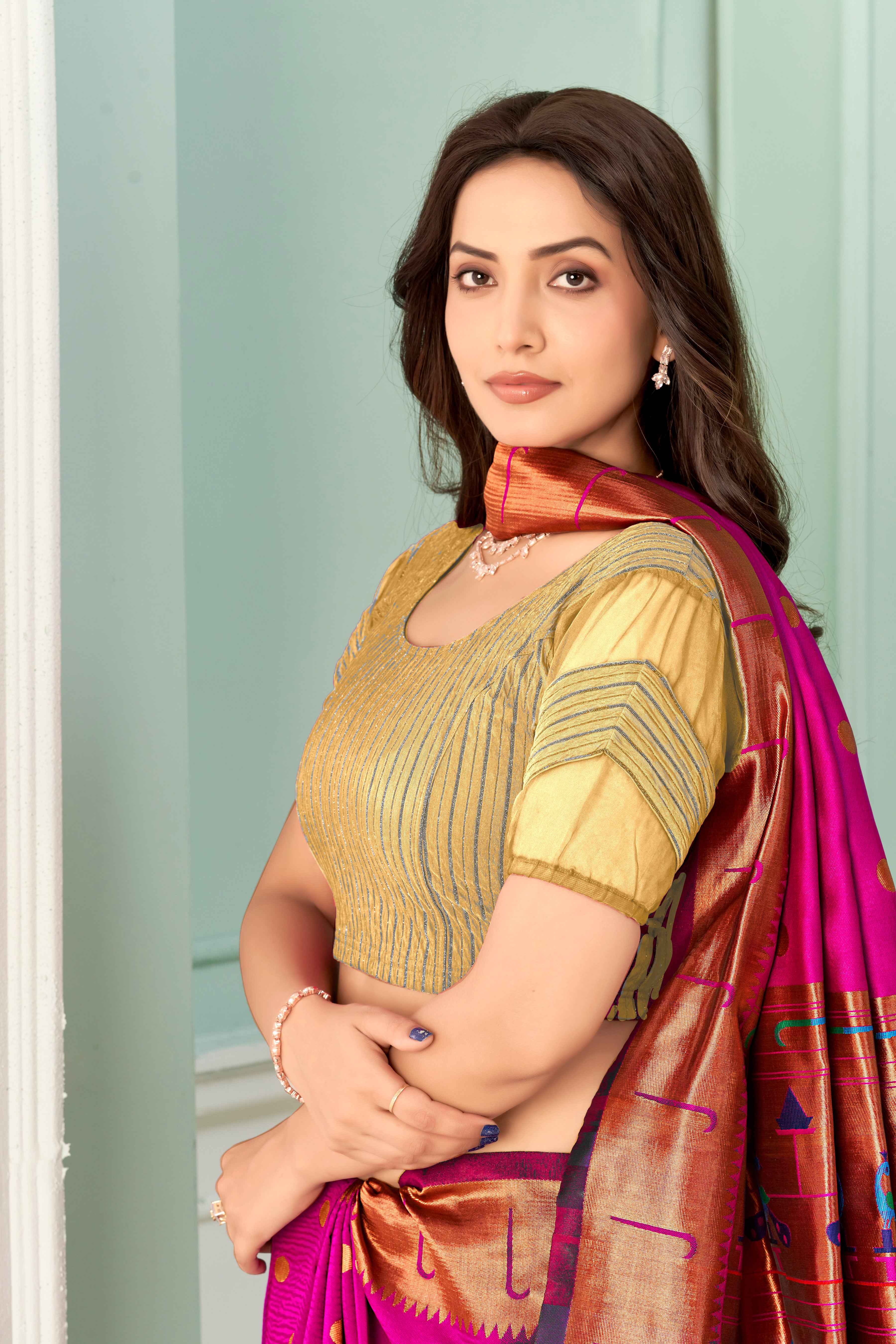 Stay On Trend: Latest Fashion Readymade Blouses for Women,round neckline,zig zag style organza & fabric elasticated sleeves.30002