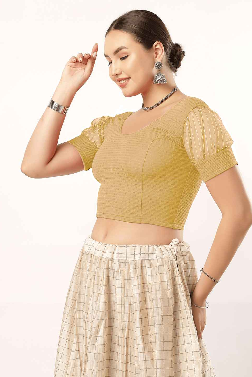 Stay On Trend: Organza Balloon Sleeves Blouse for Women, Round Neckline, Fabric Cuff, 5985