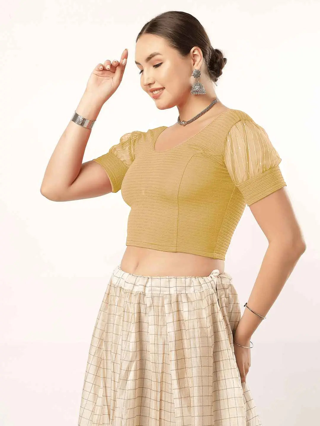 Stay On Trend: Organza Balloon Sleeves Blouse for Women, Round Neckline, Fabric Cuff, 5985