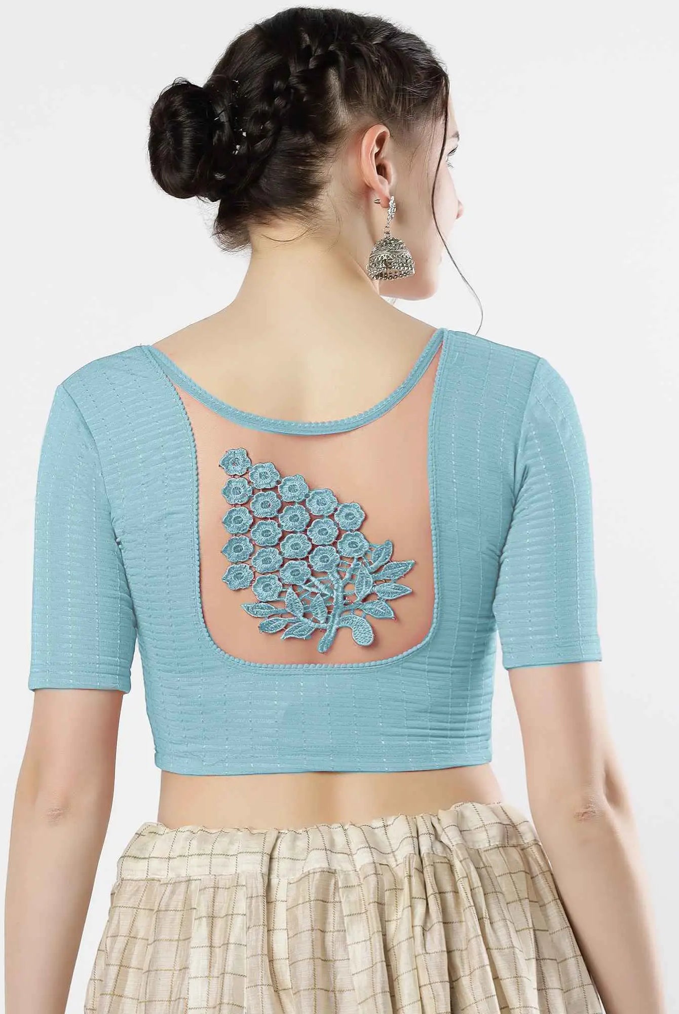 Stay On Trend: Latest Fashion Readymade Blouses for Women,round neckline,elbow sleeves with back details with an added hand dyed patch applique stitched on the net .40005