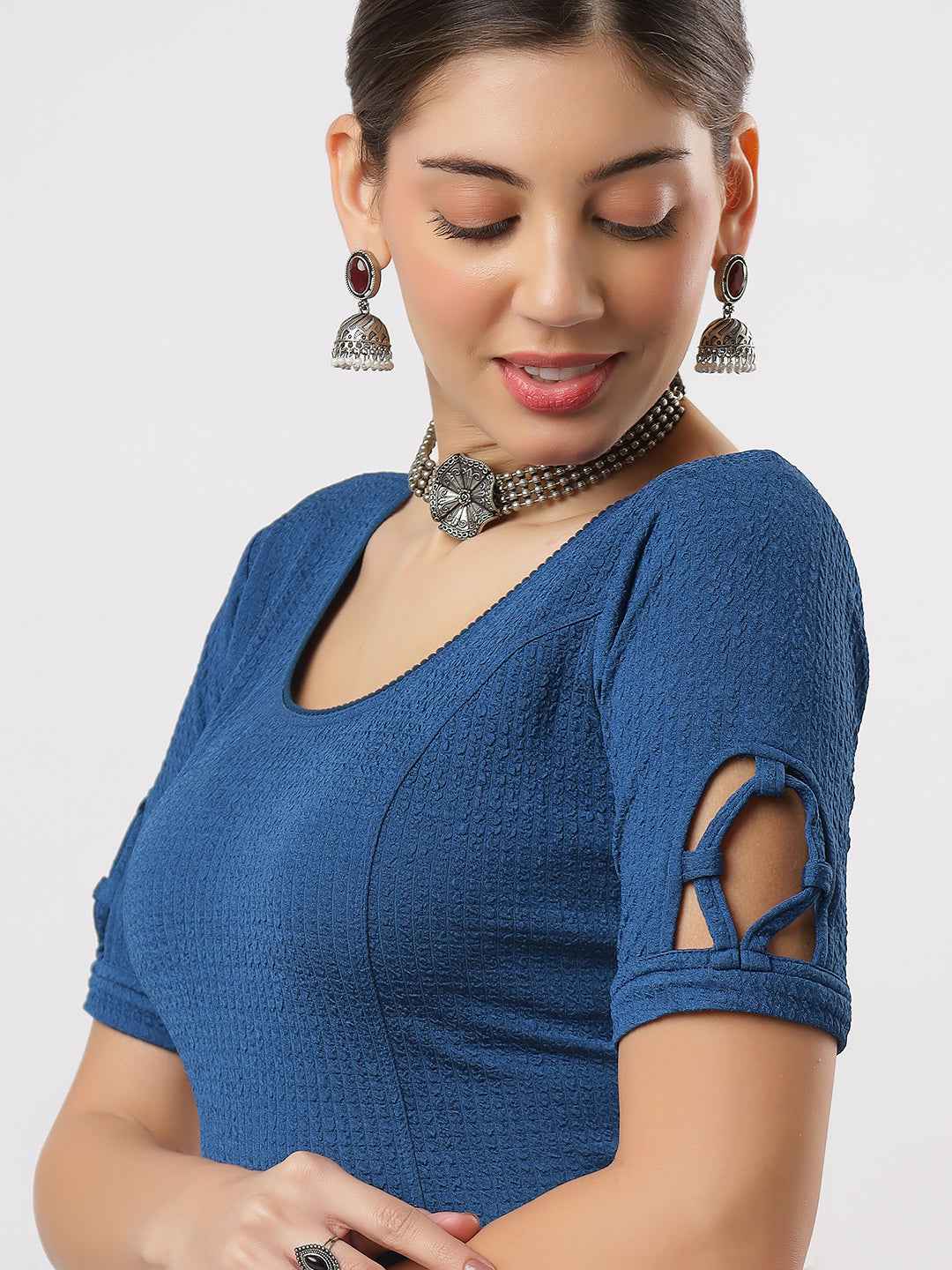 Stay On Trend: Latest Fashion Readymade Blouses for Women,round neckline,elbow sleeves,swarovski embellished all over.18300