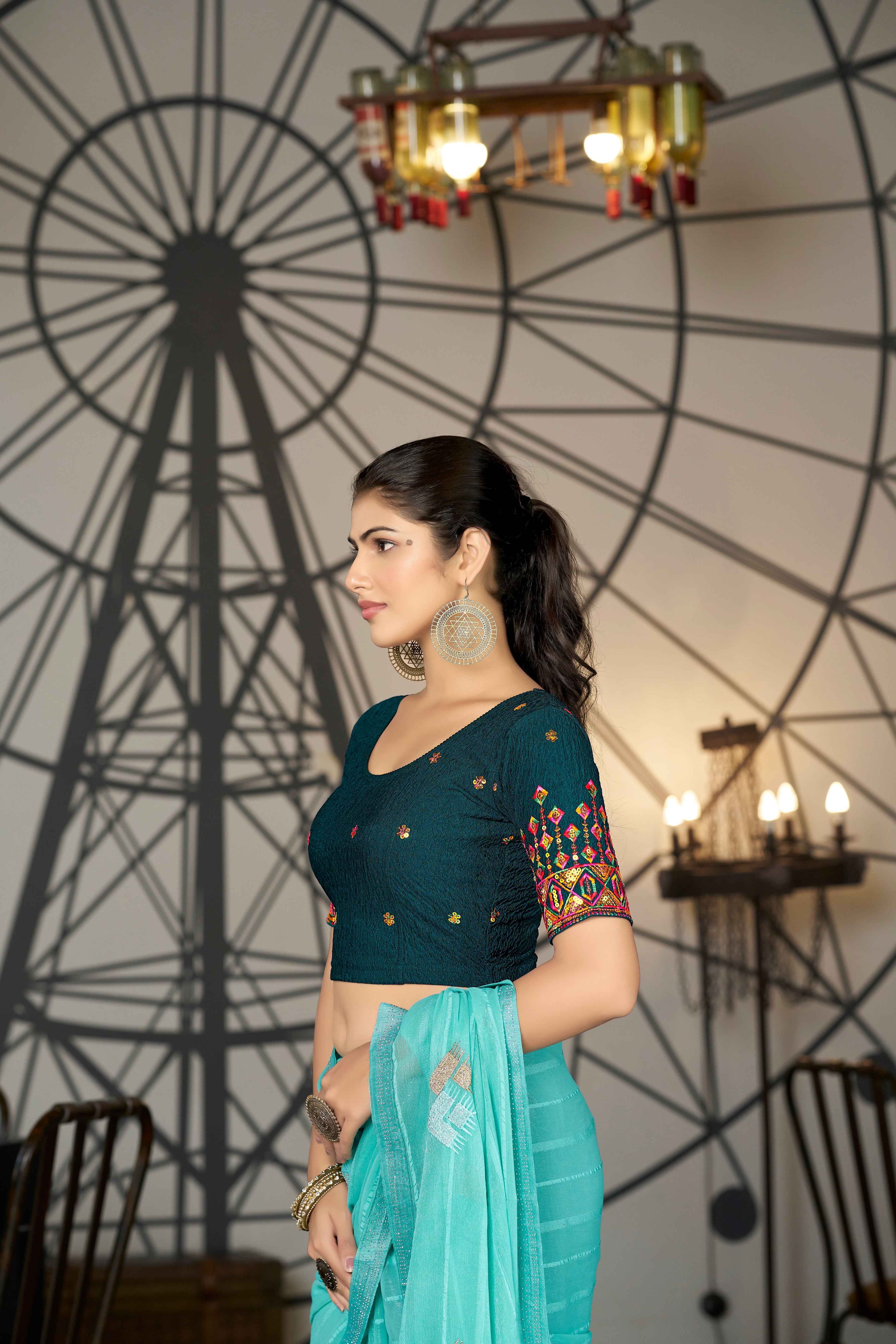 Stay On Trend: Latest Fashion Readymade Blouses for Women,round neckline with multi-colour embroidered bordered sleeves.34055