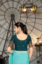 Stay On Trend: Latest Fashion Readymade Blouses for Women,round neckline with multi-colour embroidered bordered sleeves.34055