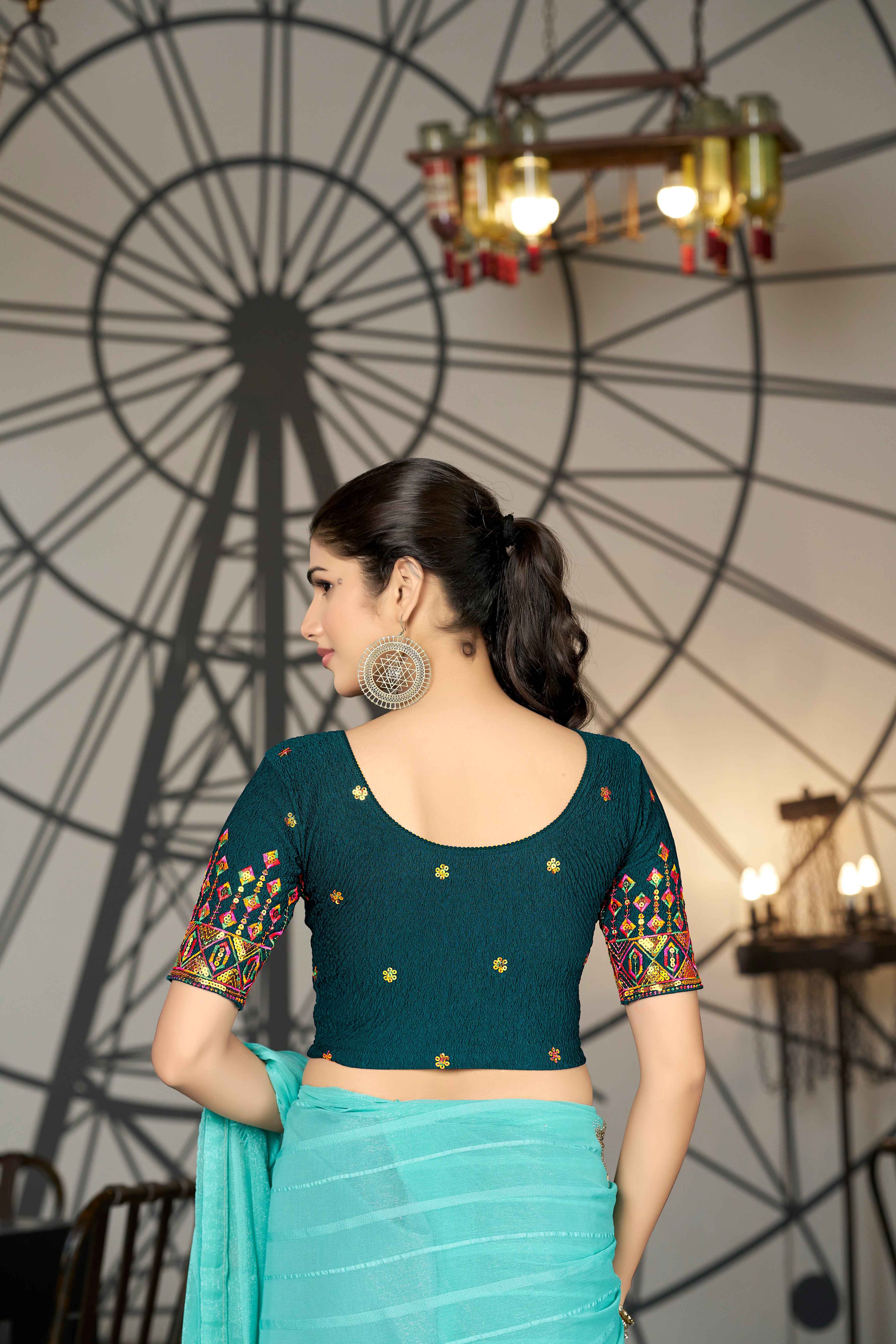 Stay On Trend: Latest Fashion Readymade Blouses for Women,round neckline with multi-colour embroidered bordered sleeves.34055