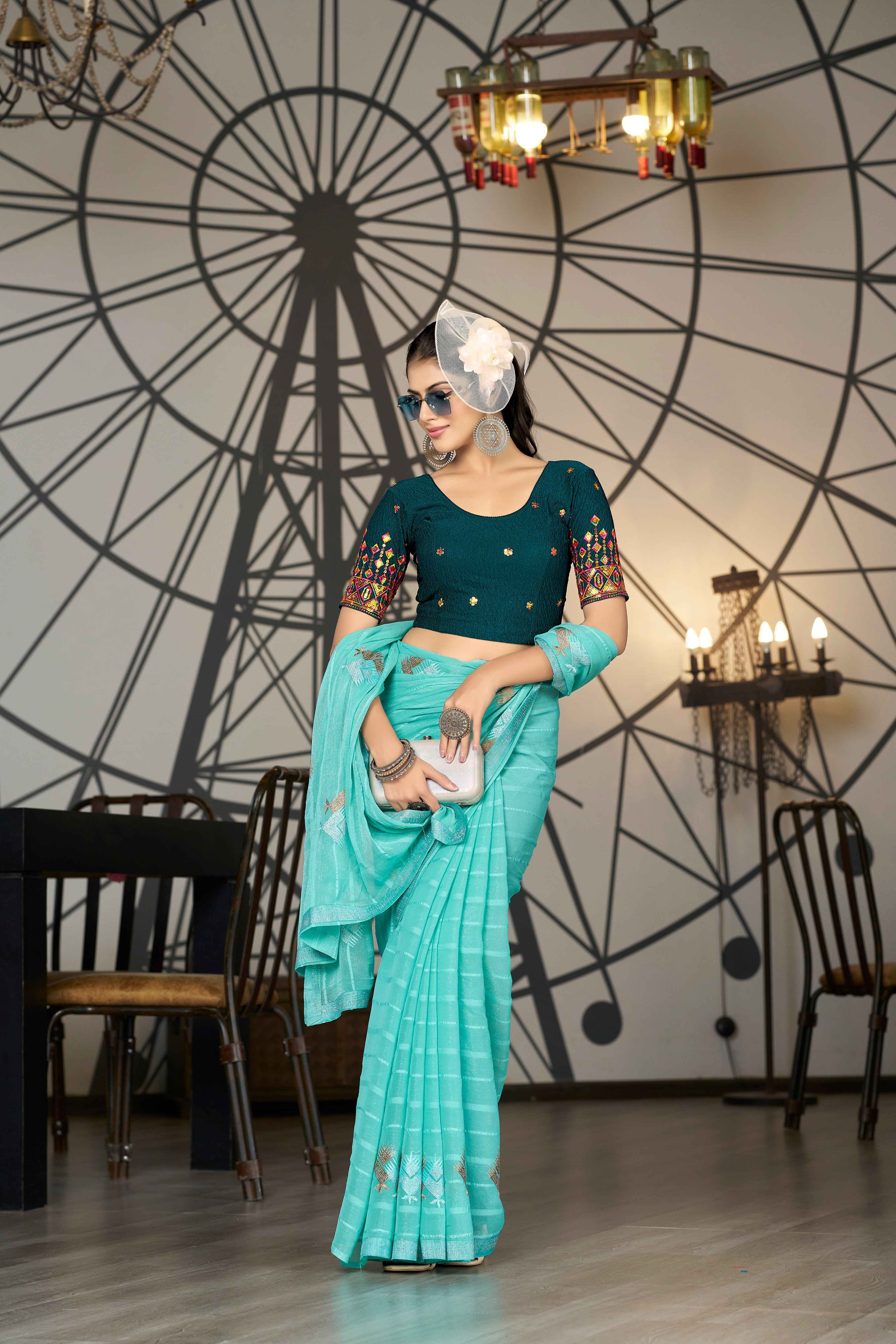 Stay On Trend: Latest Fashion Readymade Blouses for Women,round neckline with multi-colour embroidered bordered sleeves.34055