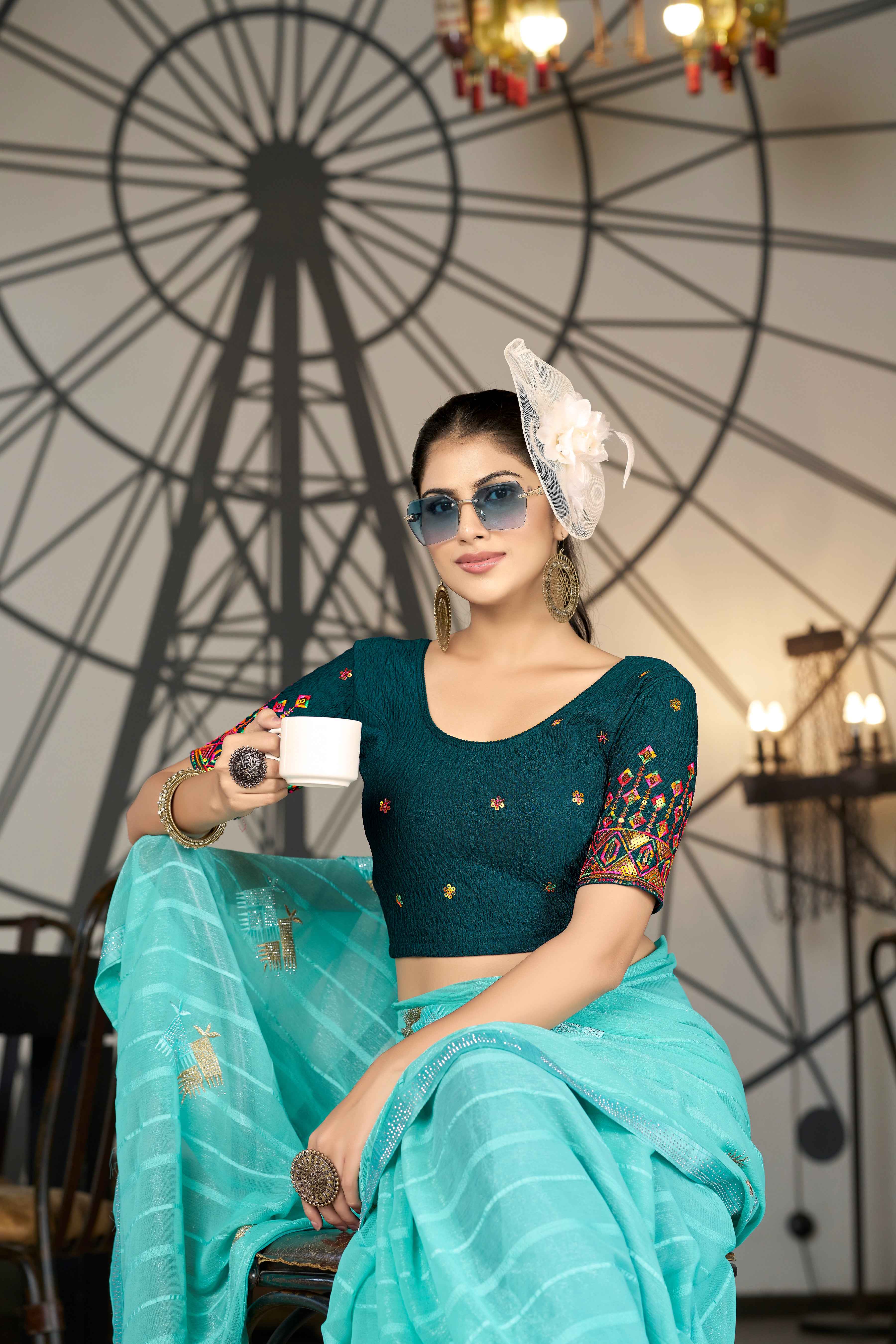 Stay On Trend: Latest Fashion Readymade Blouses for Women,round neckline with multi-colour embroidered bordered sleeves.34055