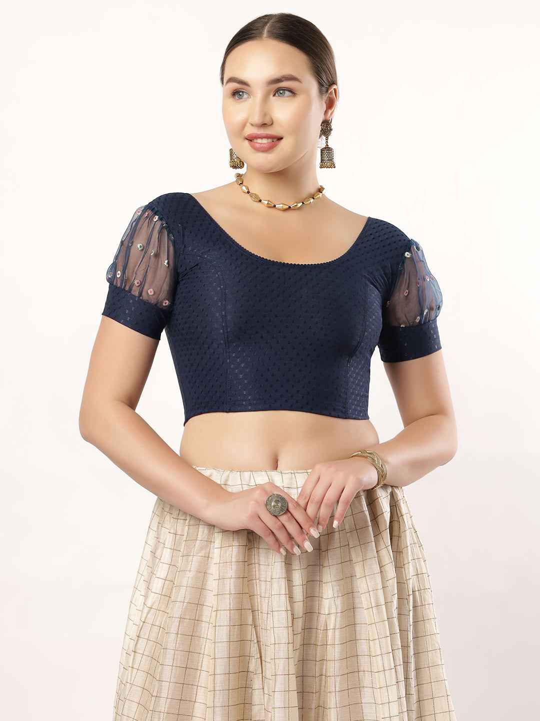 Stay On Trend with Fancy Organza Balloon Sleeve Blouse for Women - Round Neckline, Fabric Cuff, 601