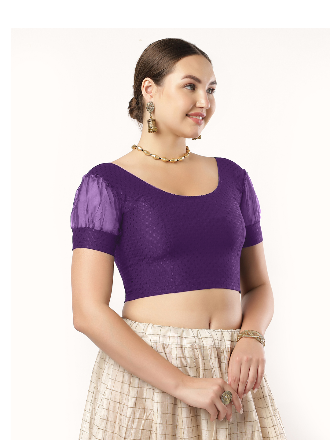 Stay On Trend: Latest Fashion Readymade Blouses for Women,round neckline,fancy organza balloon sleeves with fabric cuff.605.
