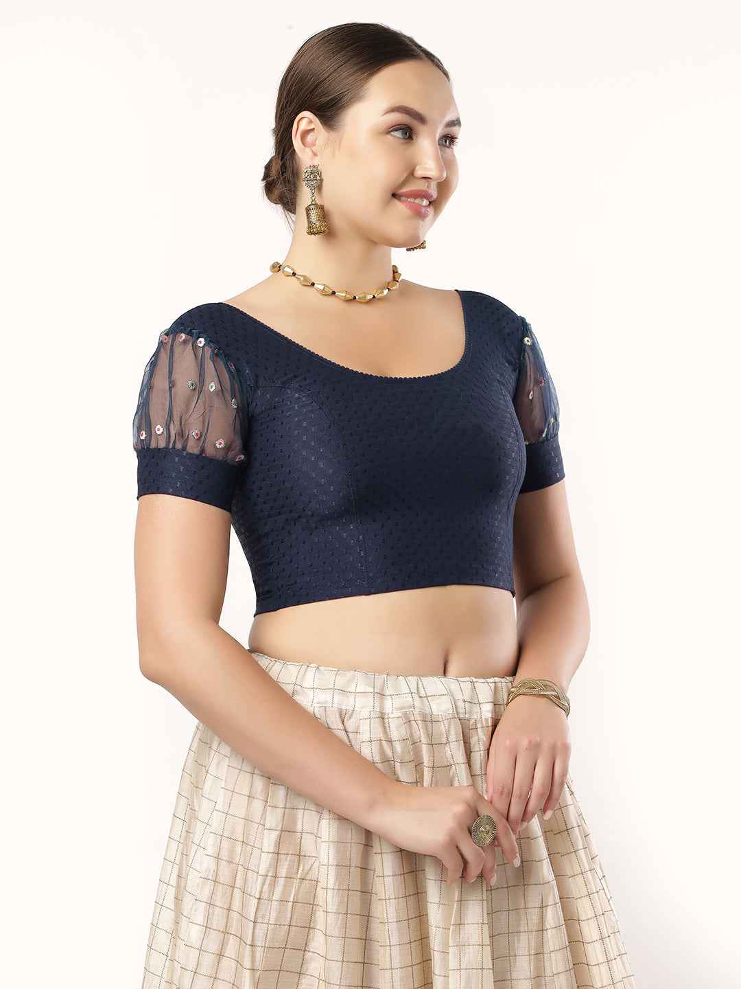 Stay On Trend with Fancy Organza Balloon Sleeve Blouse for Women - Round Neckline, Fabric Cuff, 601