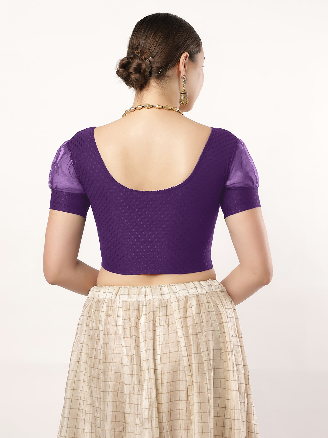 Stay On Trend: Latest Fashion Readymade Blouses for Women,round neckline,fancy organza balloon sleeves with fabric cuff.605.