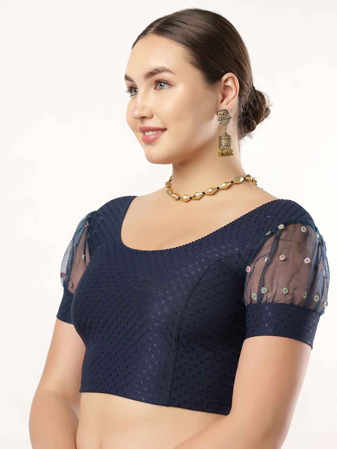 Fancy Organza Balloon Sleeve Blouse for Women Trendy Round