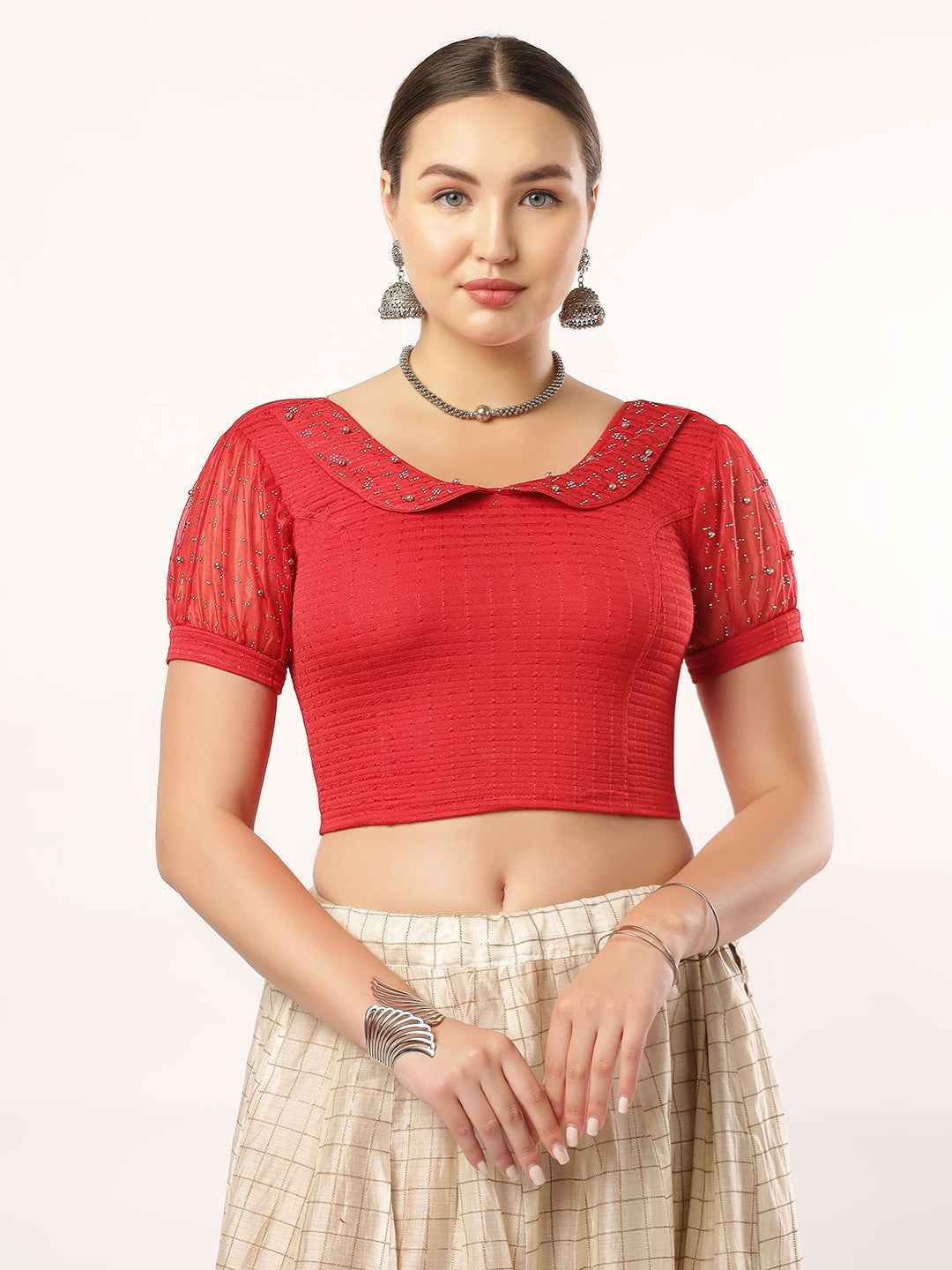 Stay On Trend: Latest Fashion Readymade Blouses for Women, round neckline, Pan Collar Style, Organza Balloon Sleeve Adorned With Swarovski and Beads.28060