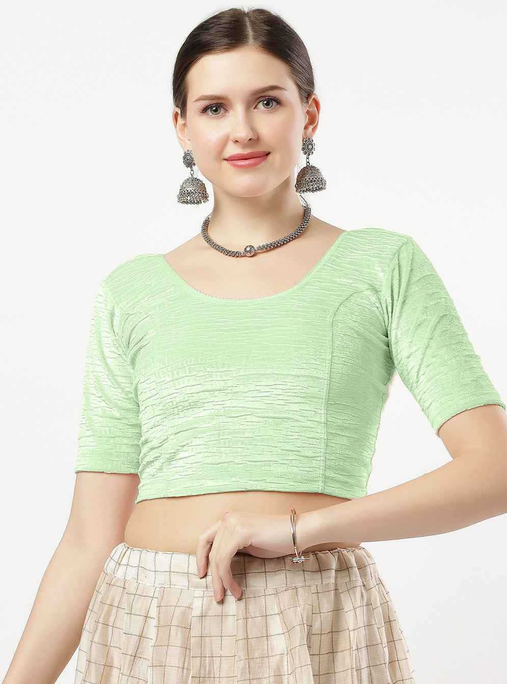 Stay On Trend: Latest Fashion Readymade Blouses for Women,Imported patterned  textured velvet round neckline ,elbow sleeves.40040