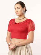 Stay On Trend: Latest Fashion Readymade Blouses for Women, round neckline, Pan Collar Style, Organza Balloon Sleeve Adorned With Swarovski and Beads.28060