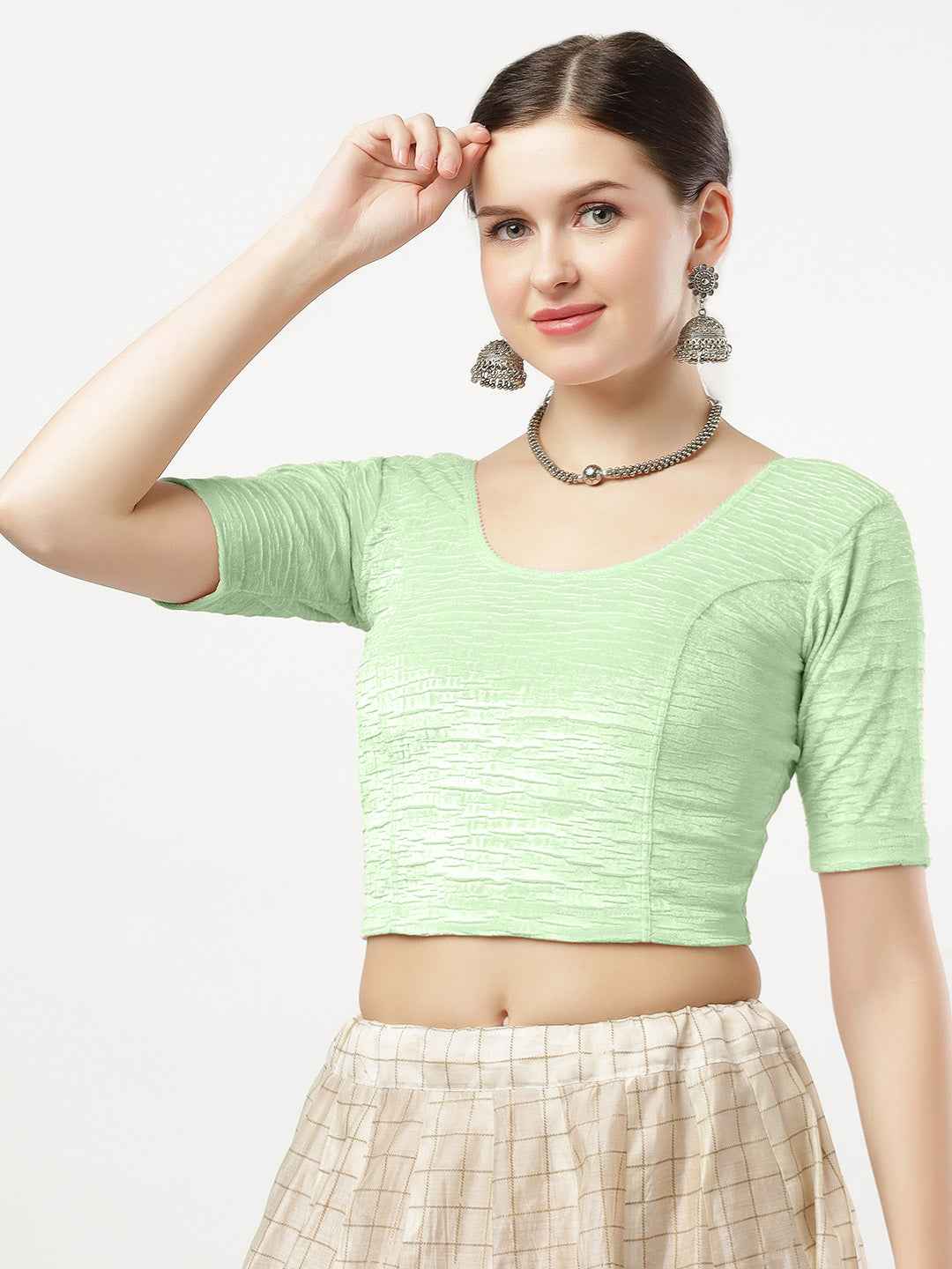 Stay On Trend: Latest Fashion Readymade Blouses for Women,Imported patterned  textured velvet round neckline ,elbow sleeves.40040