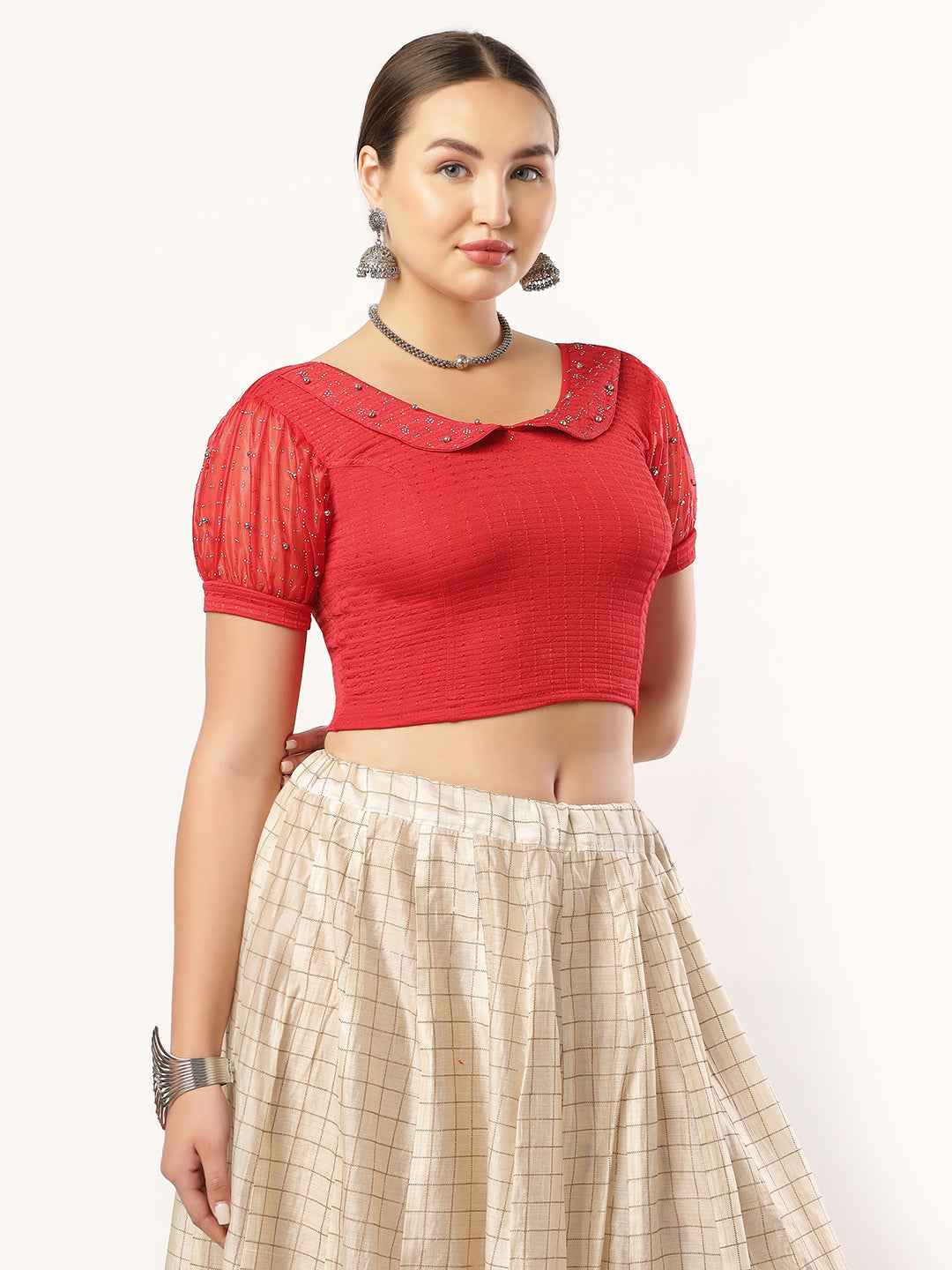 Stay On Trend: Latest Fashion Readymade Blouses for Women, round neckline, Pan Collar Style, Organza Balloon Sleeve Adorned With Swarovski and Beads.28060