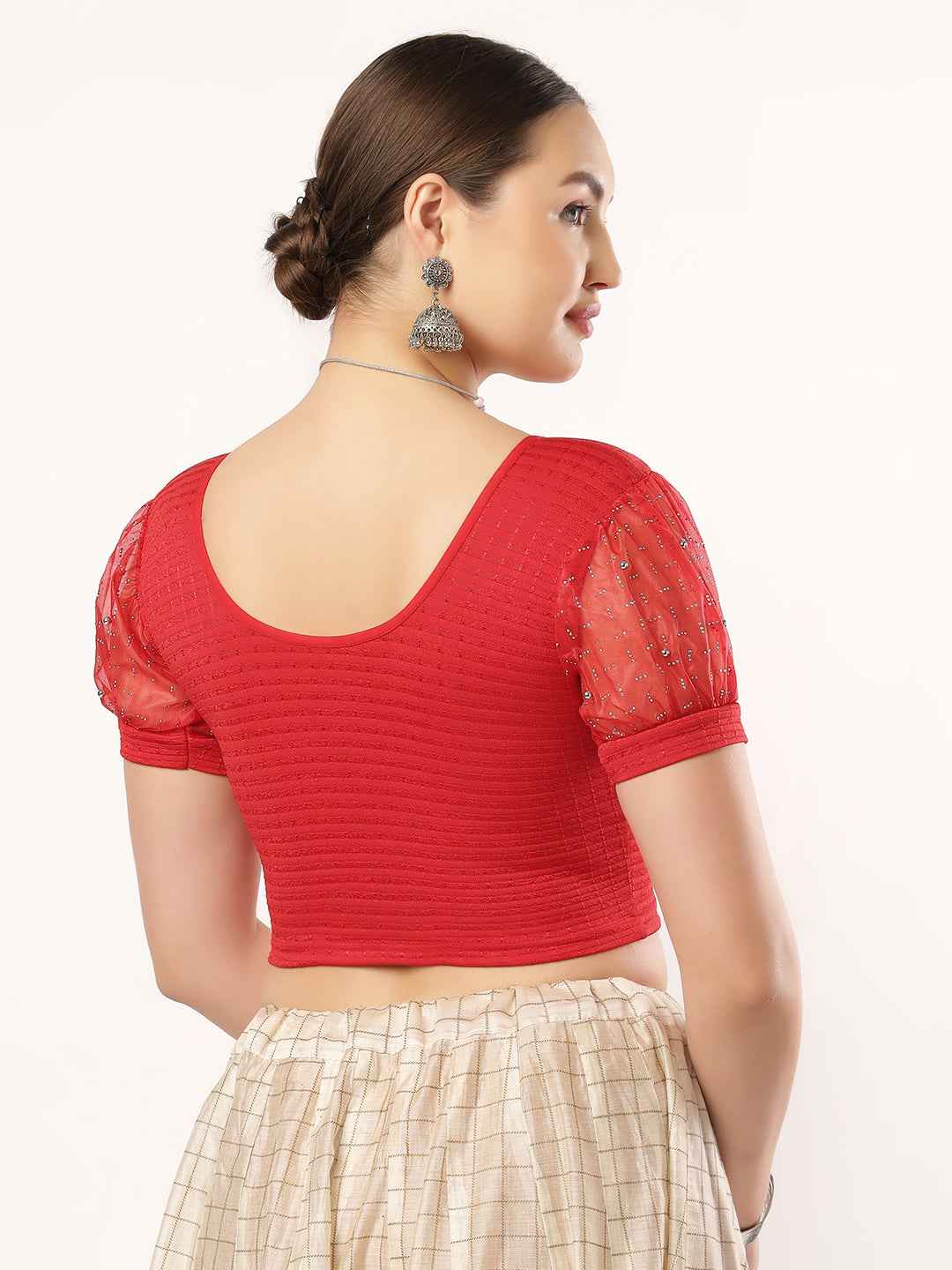 Stay On Trend: Latest Fashion Readymade Blouses for Women, round neckline, Pan Collar Style, Organza Balloon Sleeve Adorned With Swarovski and Beads.28060