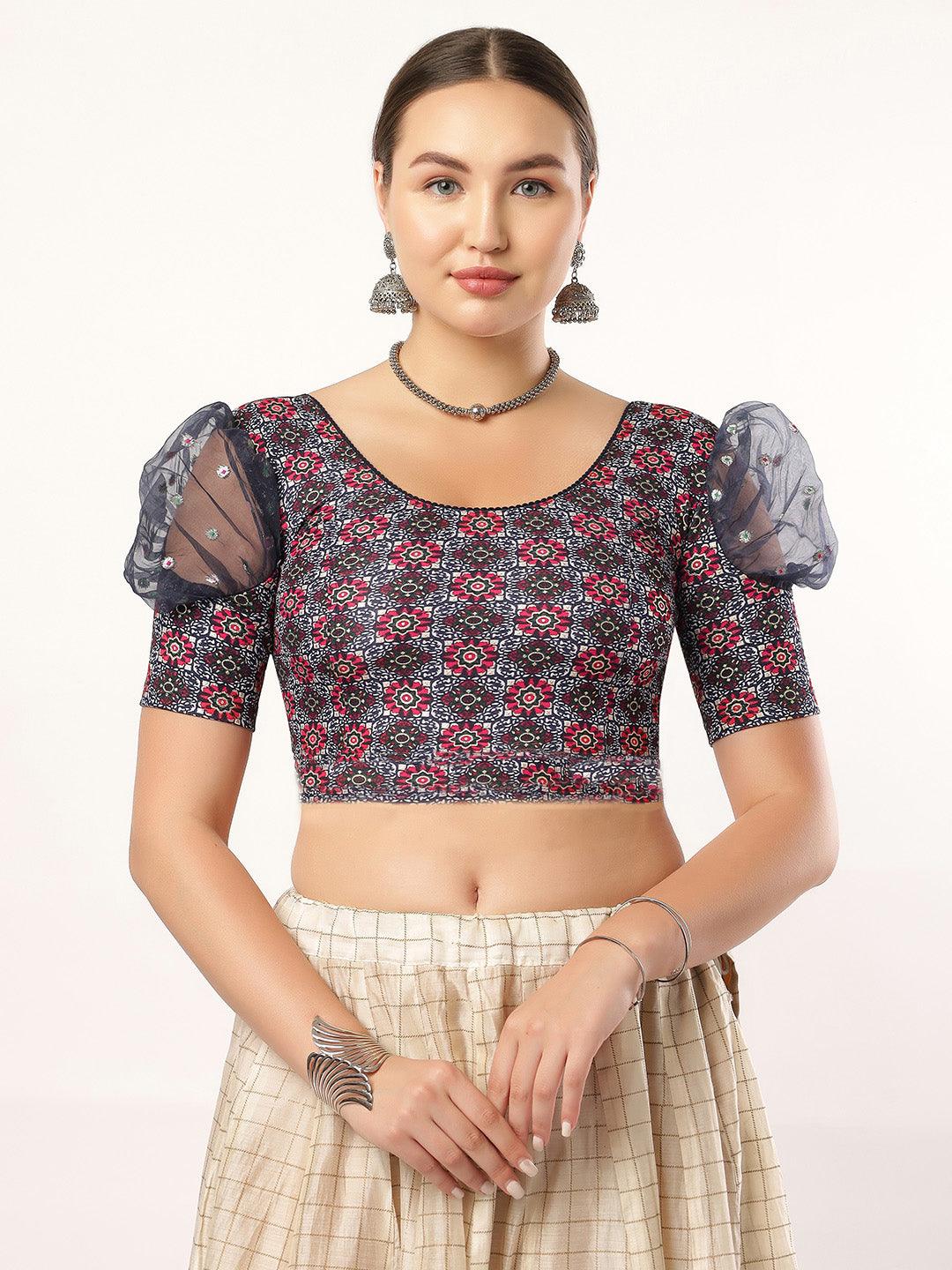Stay On Trend: Latest Fashion Readymade Blouses for Women,round neckline,organza balloon sleeves and fabric cuff.912.