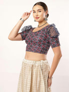 Stay On Trend: Latest Fashion Readymade Blouses for Women,round neckline,organza balloon sleeves and fabric cuff.912.