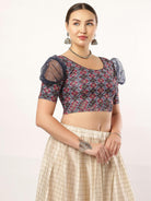 Stay On Trend: Latest Fashion Readymade Blouses for Women,round neckline,organza balloon sleeves and fabric cuff.912.