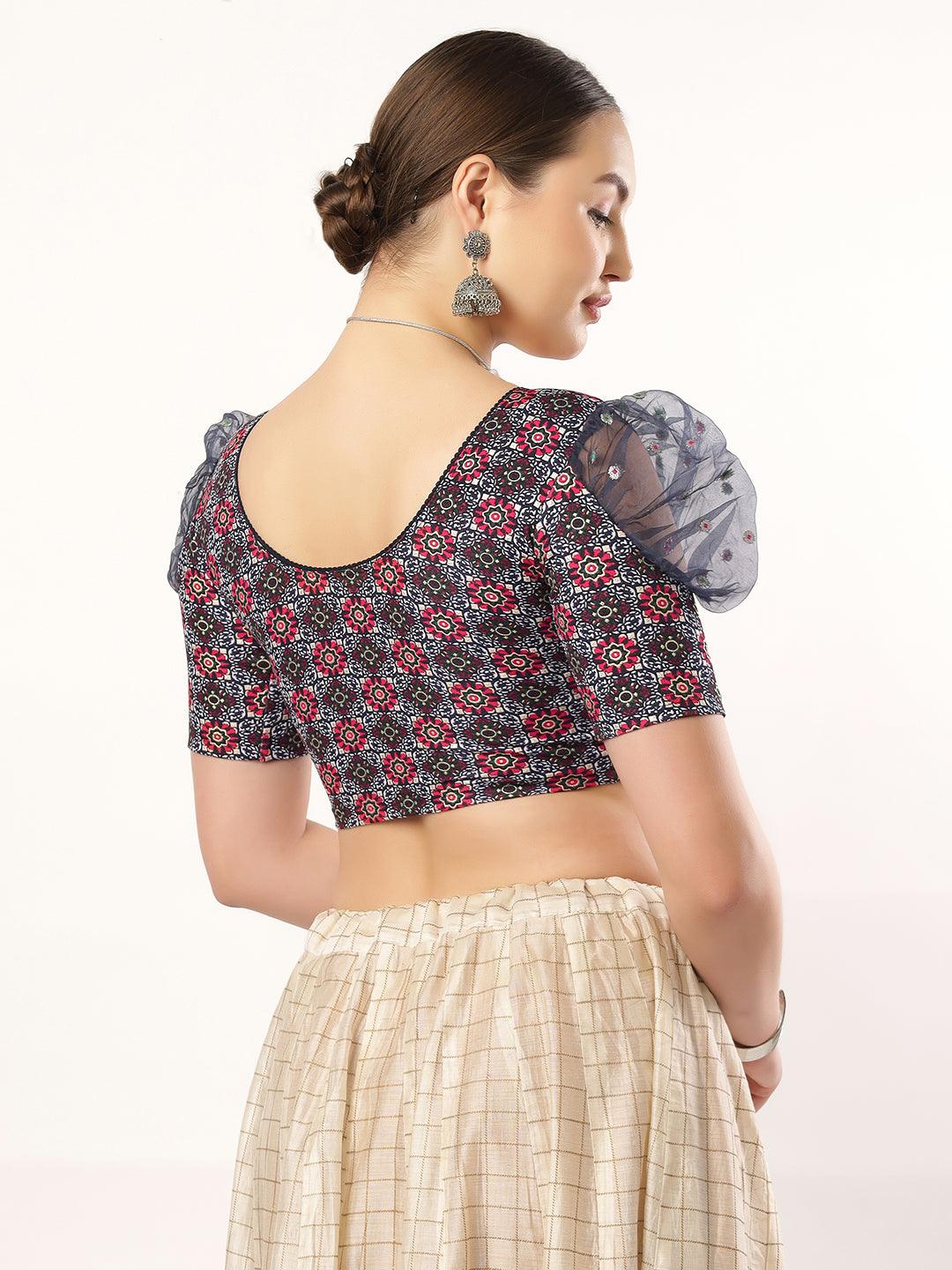 Stay On Trend: Latest Fashion Readymade Blouses for Women,round neckline,organza balloon sleeves and fabric cuff.912.