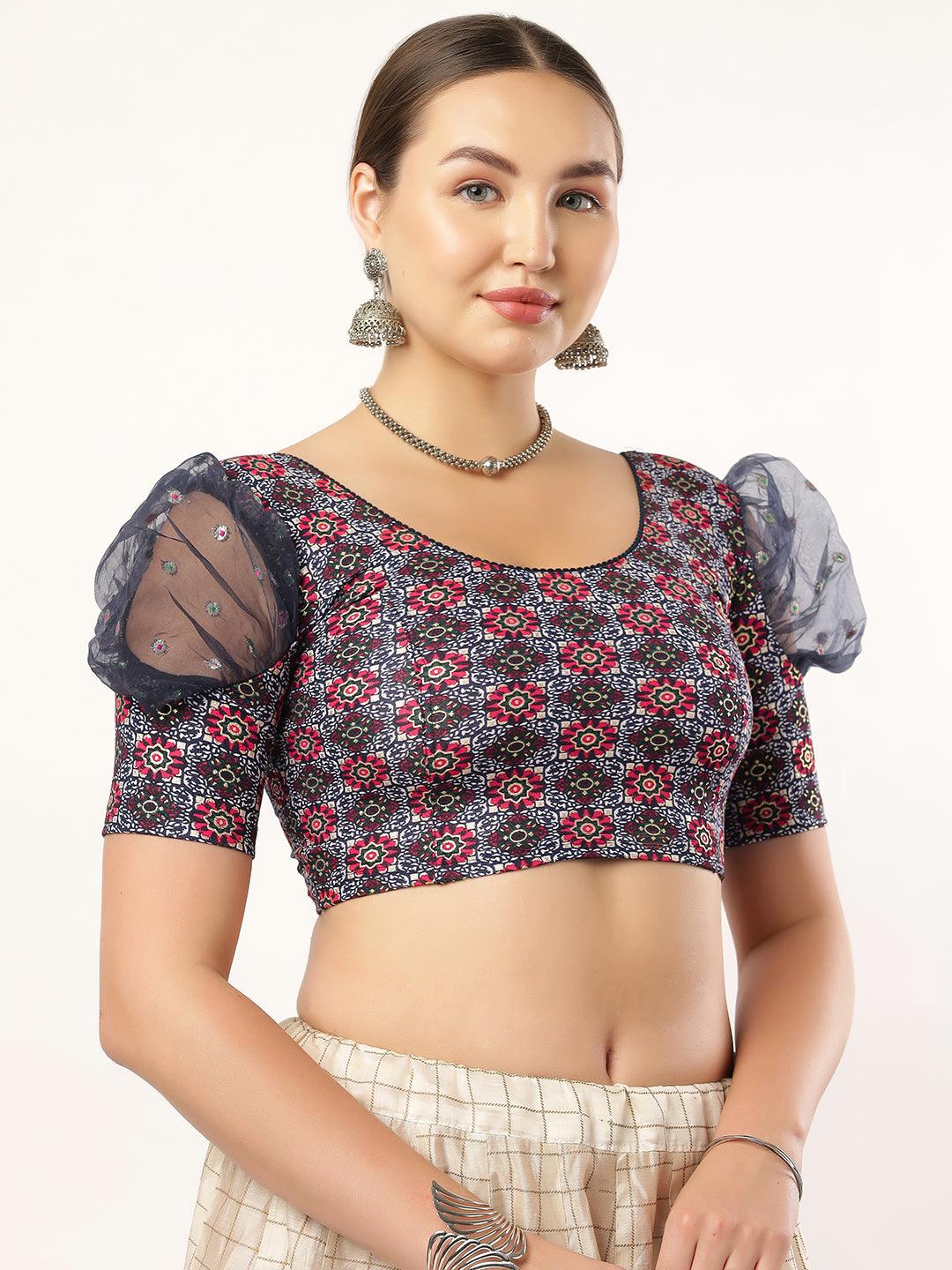 Stay On Trend: Latest Fashion Readymade Blouses for Women,round neckline,organza balloon sleeves and fabric cuff.912.