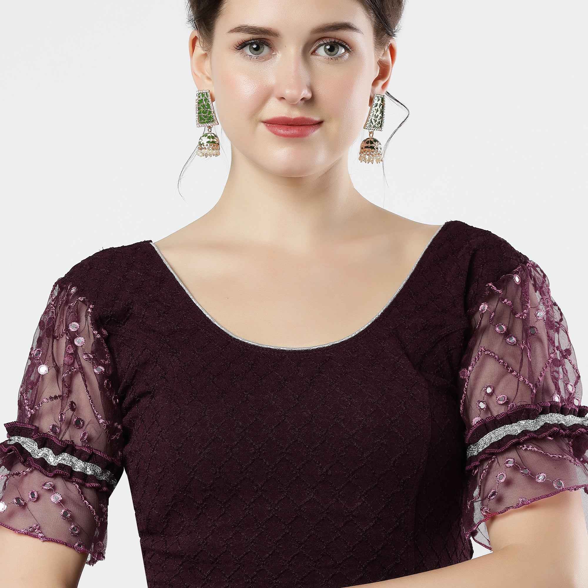 Stay On Trend: Latest Fashion Readymade Blouses for Women,round neckline,abala organza work balloon sleeves ,adorned with lace detail.35050