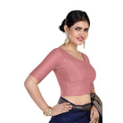 FINESTFIT Round Neck 100% Cotton Dobby Fabric Stretchable Elbow Sleeve Readymade Saree Blouse for Women.4096